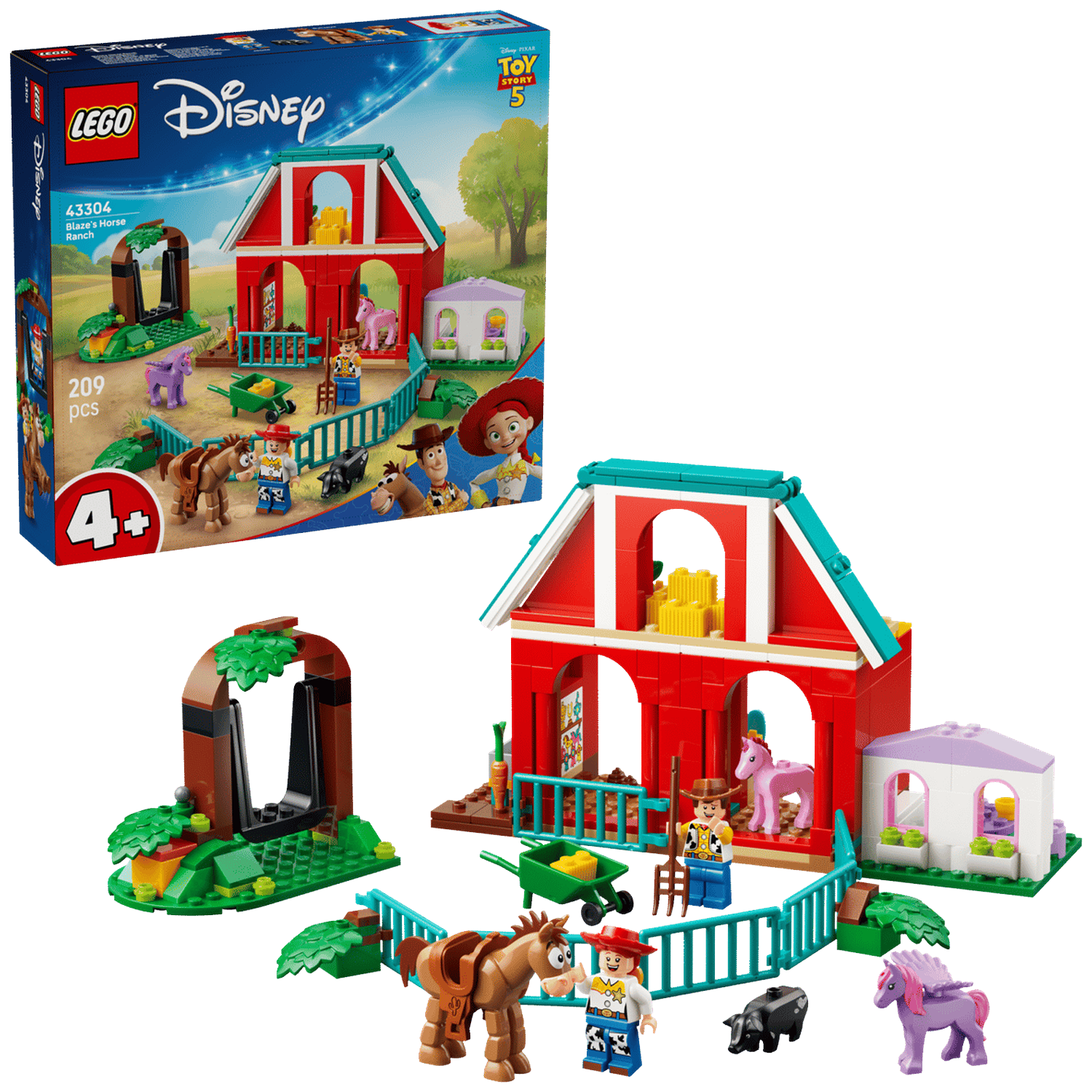 LEGO Toy Story 43304 Blaze's Horse Ranch set with figures, horses, and stable.