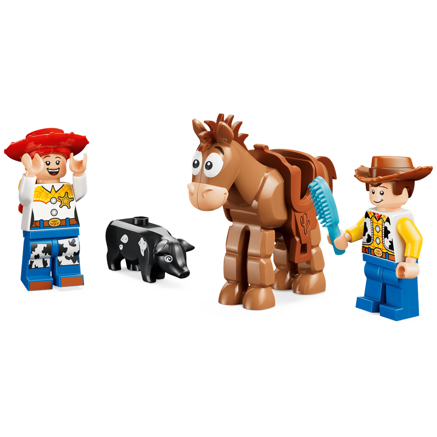 Two Lego figures, a horse, a pig, and a brush on a black background.