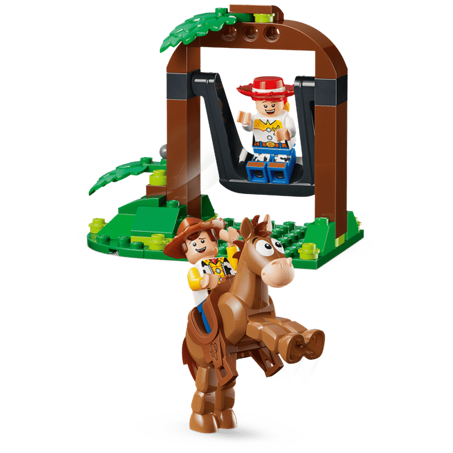 Woody rides Bullseye while Jessie sits on a swing. Lego figures on a green landscape.
