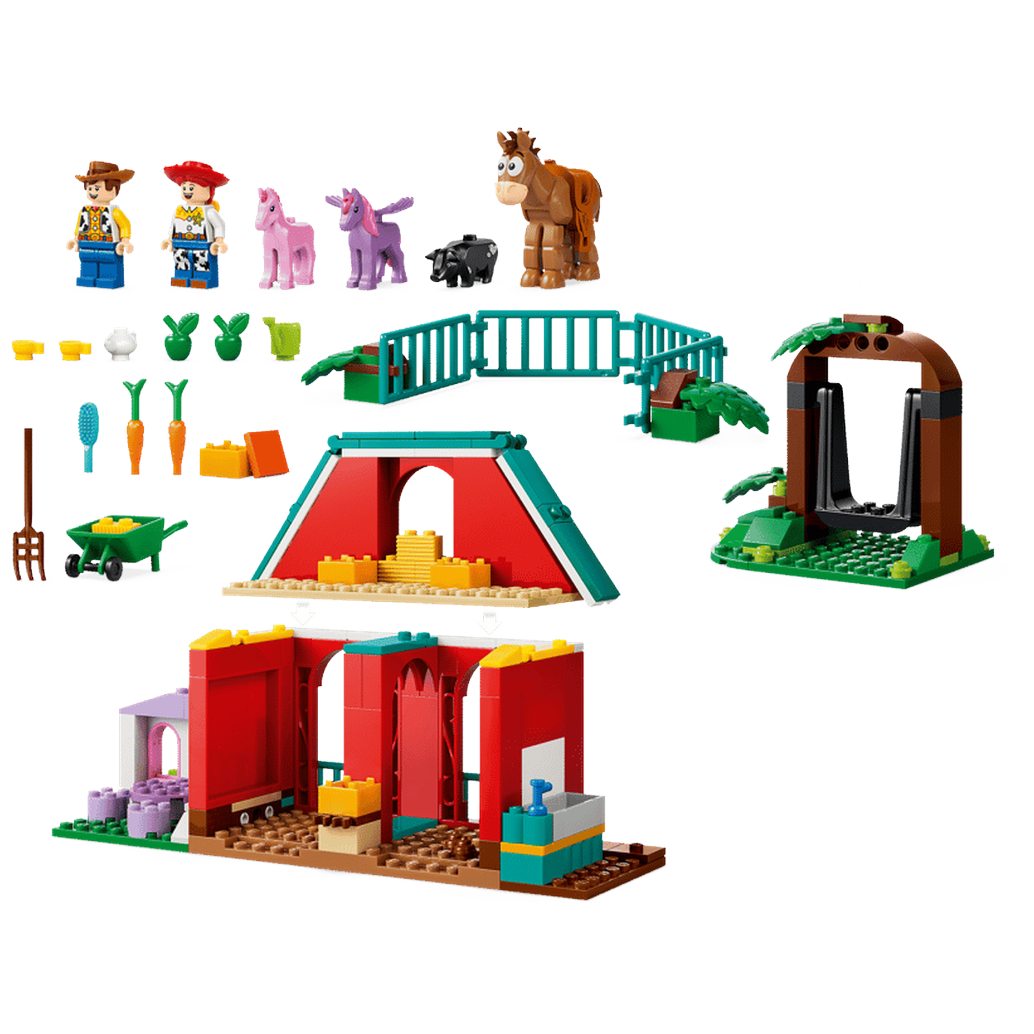 Lego set with figures, animals, building and accessories on a black background.
