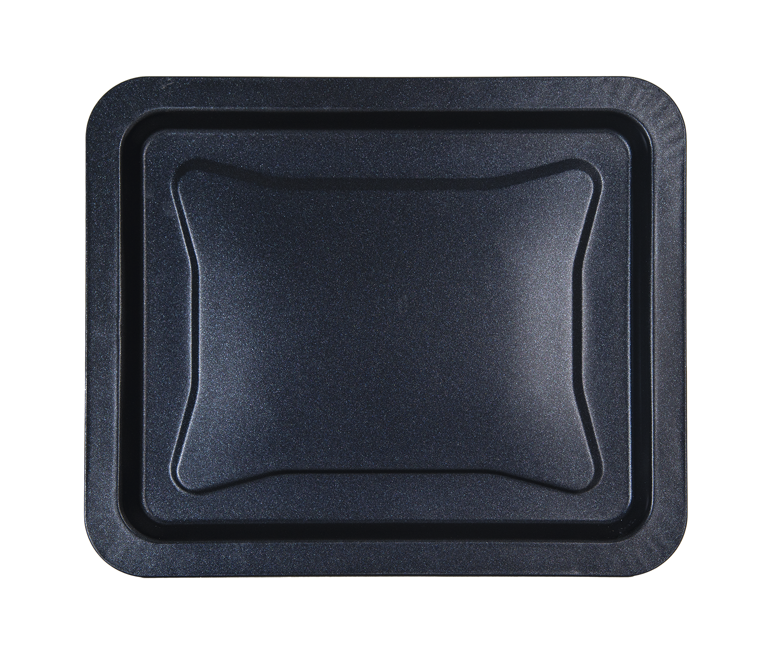 Dark grey, rectangular baking tray with rounded corners and raised edges.