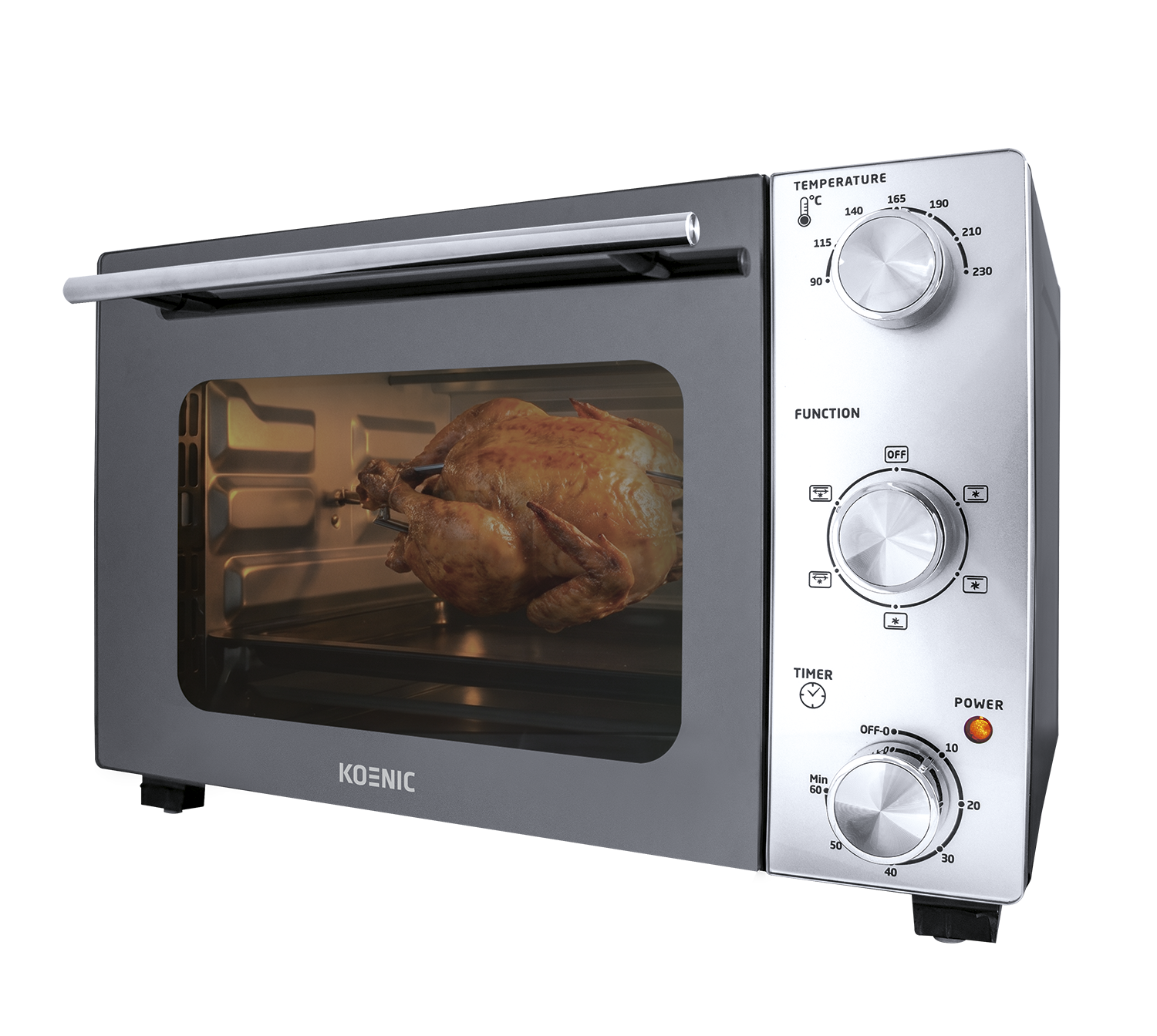 A roasted chicken spins inside a Koenic oven with silver control dials.