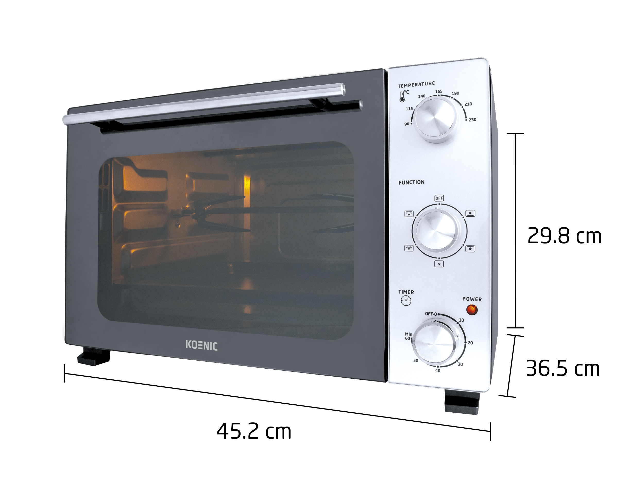 A Koenic oven with temperature, function, and timer dials. Interior is lit.