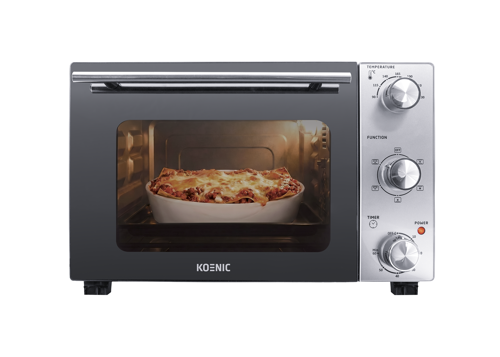 A Koenic oven with lasagna inside, ready to bake, featuring temperature and function controls.