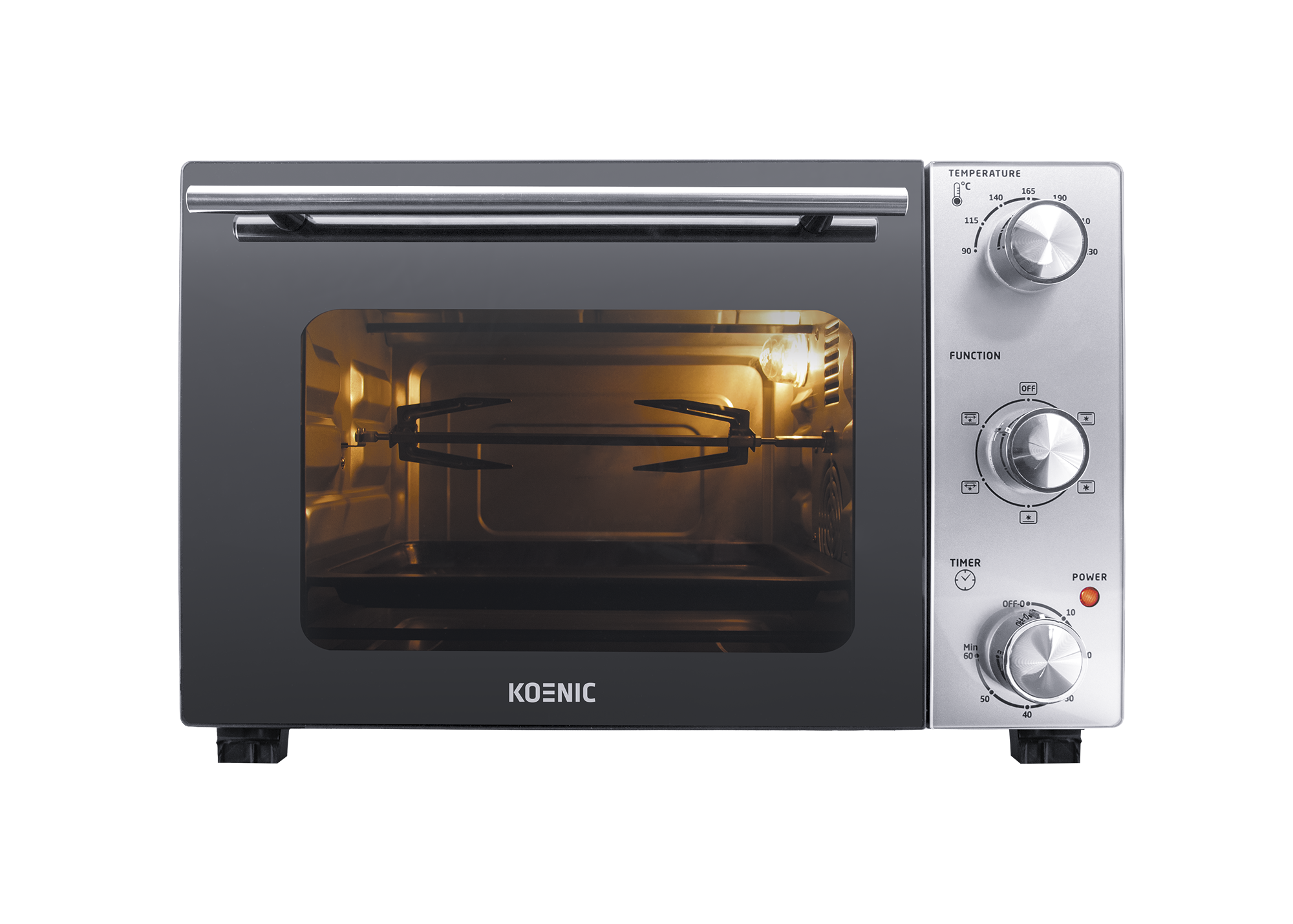 A Koenic mini oven with illuminated interior and rotisserie.