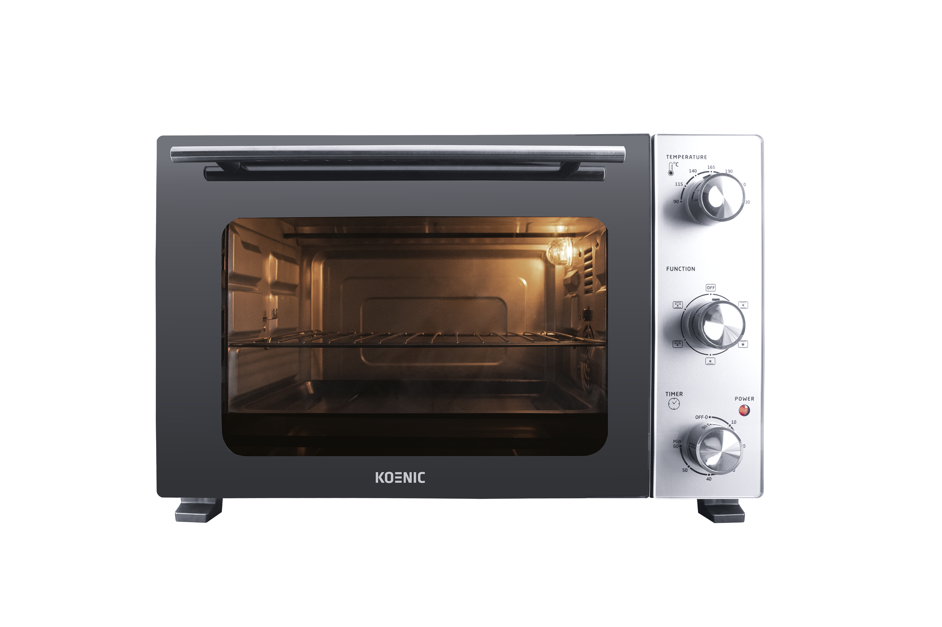 Ein schwarzer KOENIC Toaster-Ofen mit beleuchtetem Innenraum und Temperatur-/Timer-Reglern.