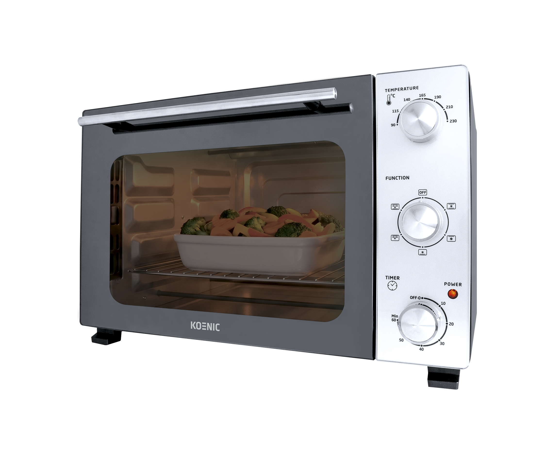 Ein schwarzer Toaster-Ofen mit einem weißen Bedienfeld und Gemüse darin.