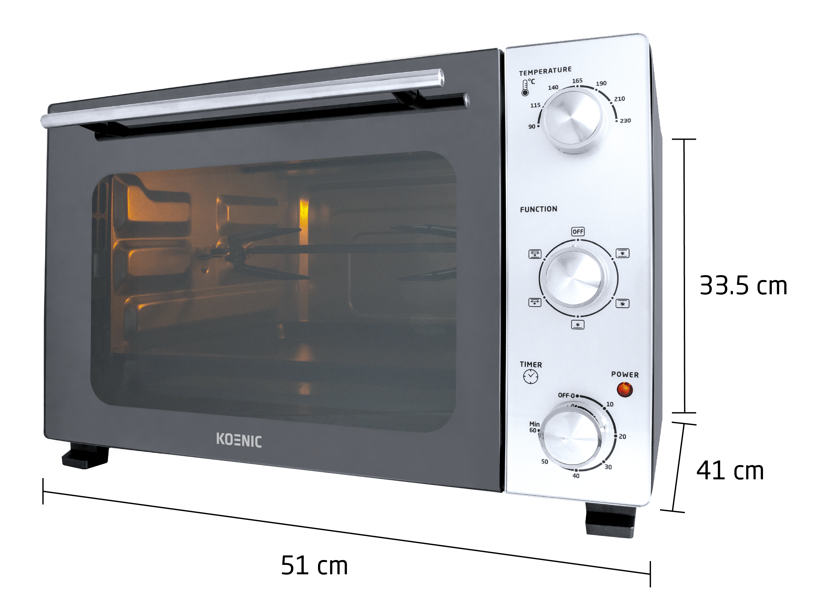 Ein silberner Koenic Toaster mit Glasfront, der innen beleuchtet ist.