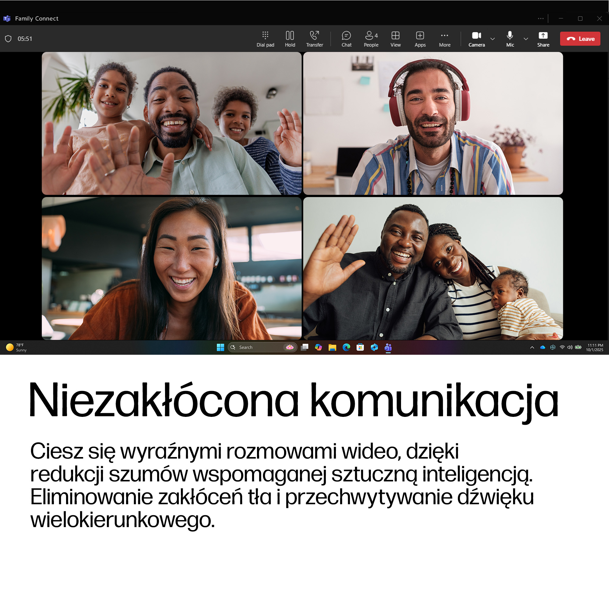 Cztery osoby na rozmowie wideo: dwie rodziny i mężczyzna ze słuchawkami.