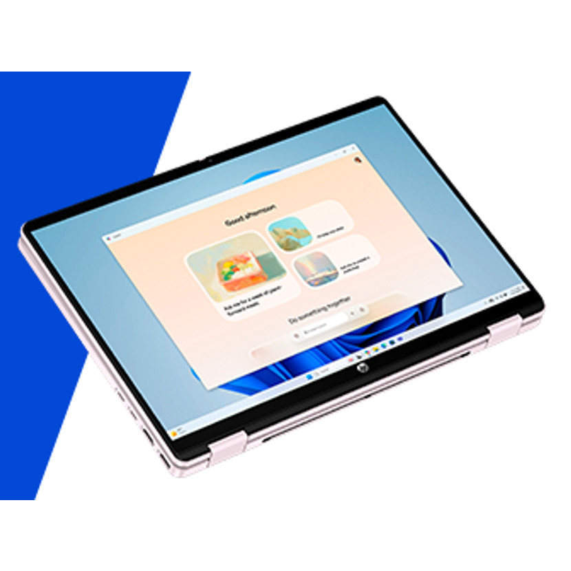 Un ordinateur portable rose avec l'écran ouvert, affichant l'interface de Windows 11.