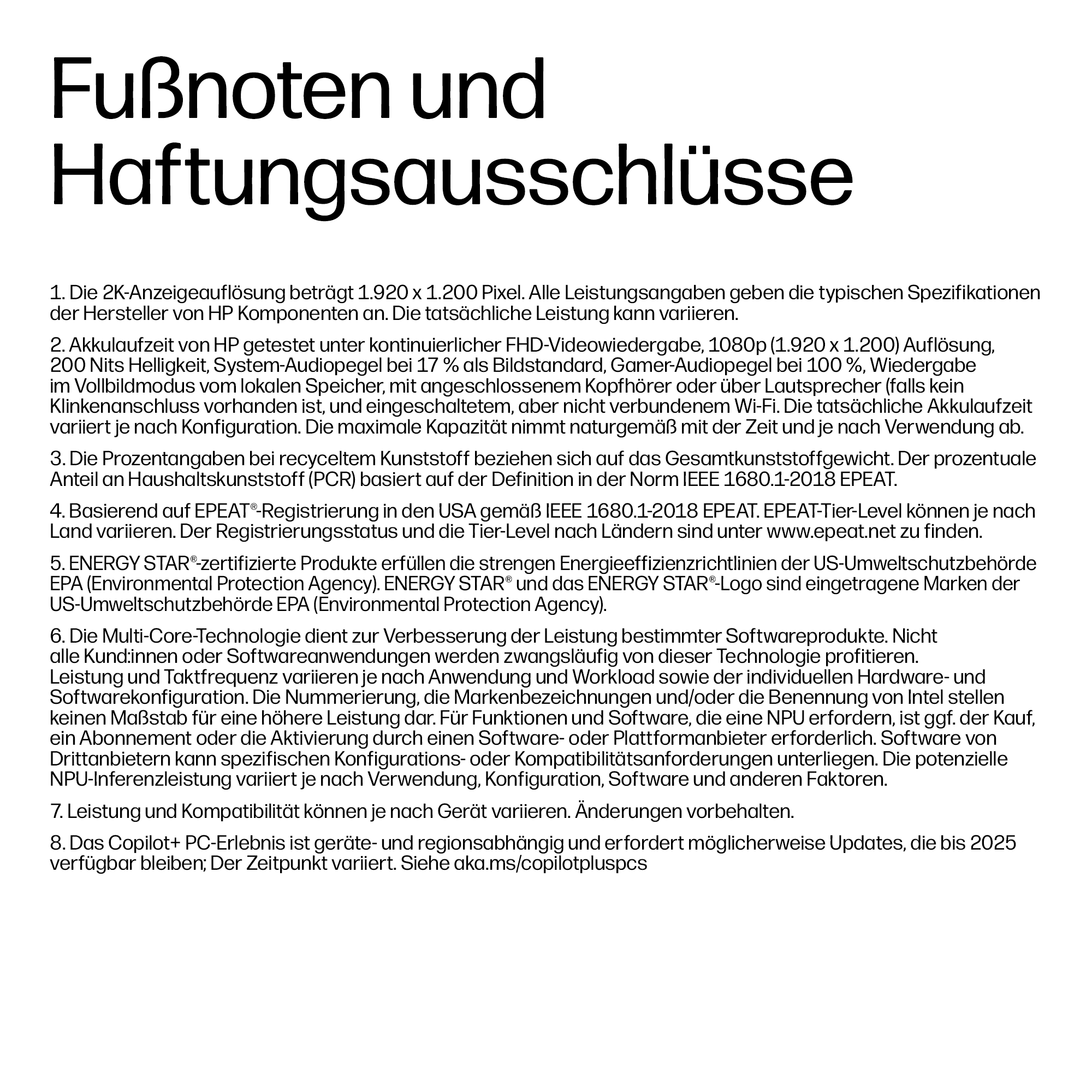 Text über Fußnoten und Haftungsausschlüsse mit technischen Details und Produktinformationen.