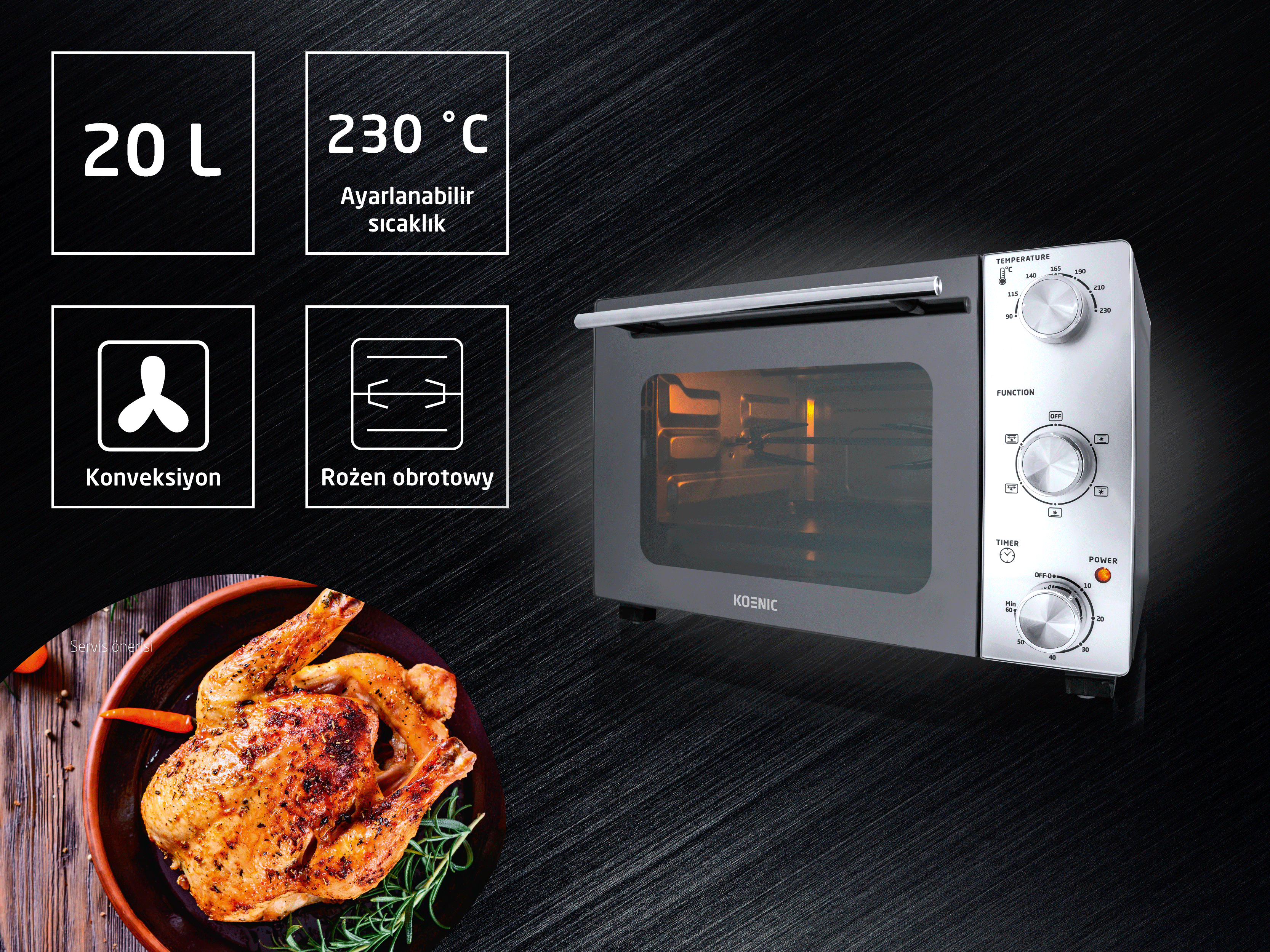 Ein Koenic-Ofen mit 20 L Fassungsvermögen, 230°C, Konvektion und Drehspieß.