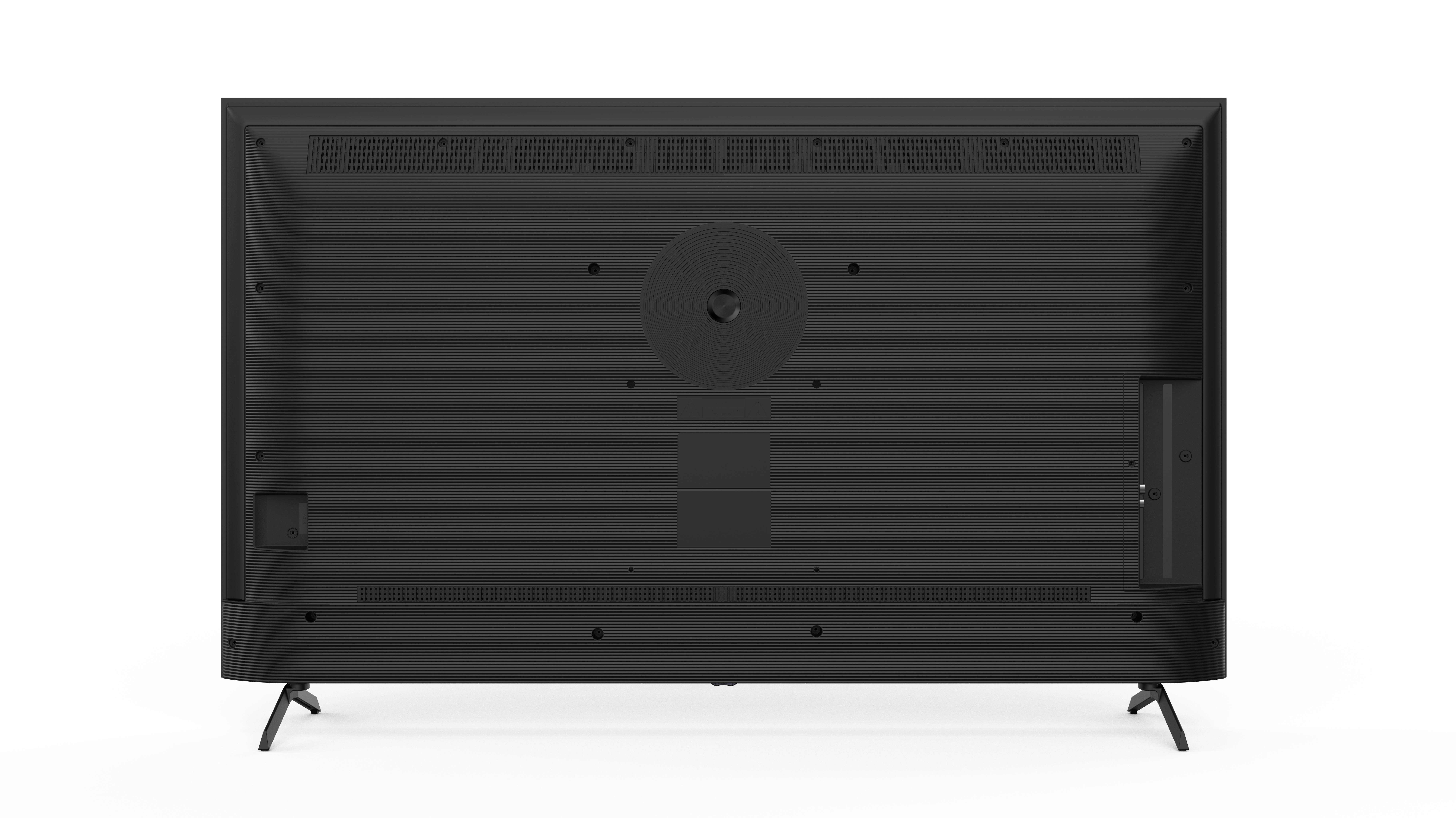 Rückseite eines schwarzen Fernsehers mit silbernen Standfüßen und Anschlüssen.