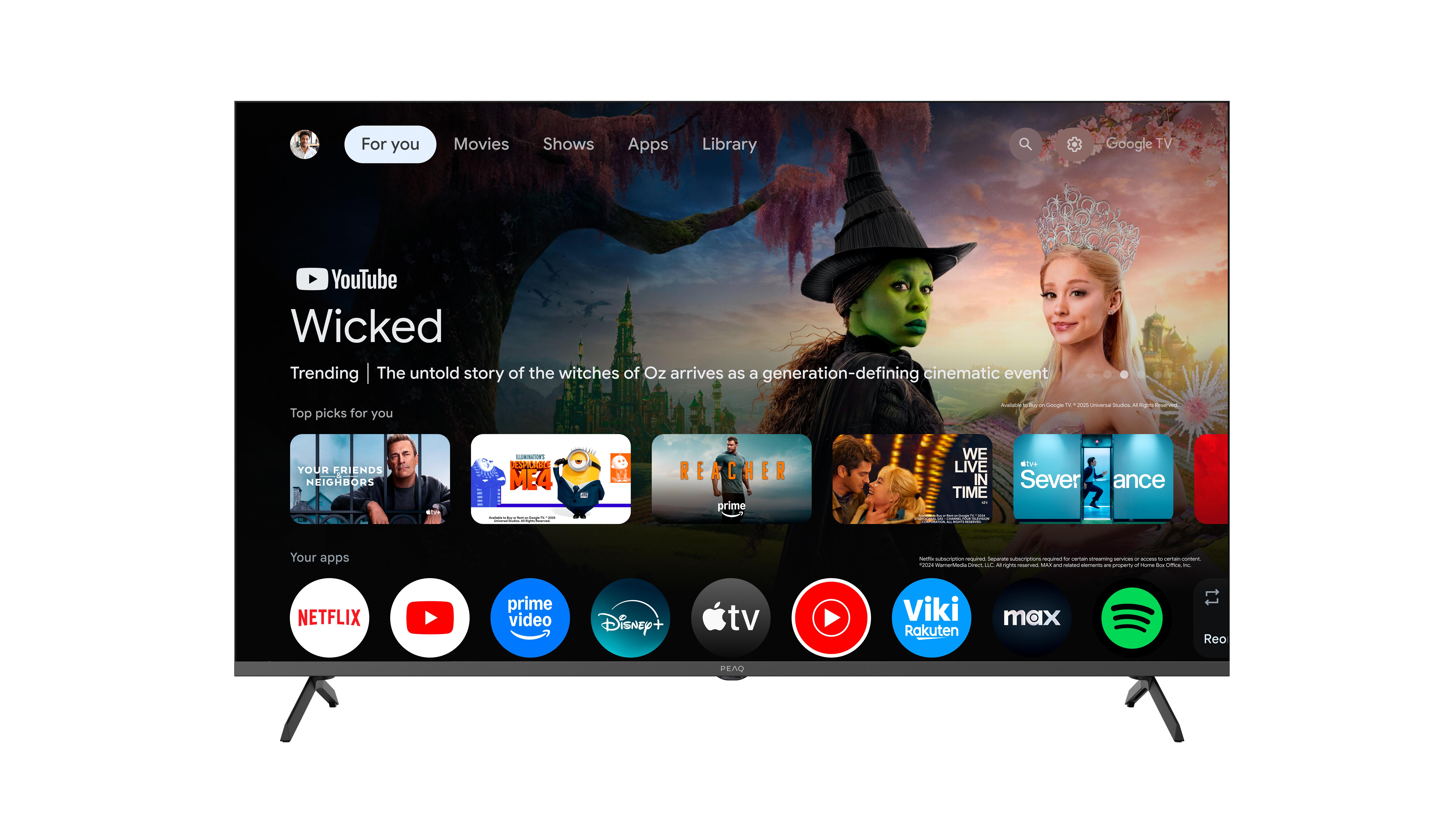 Google TV-Startbildschirm mit Filmtrailern und App-Symbolen für Netflix, YouTube und Prime Video.