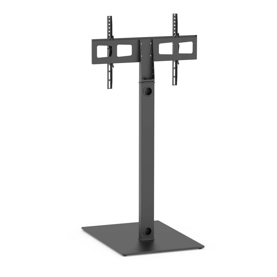 Support TV noir avec base rectangulaire et poteau vertical.