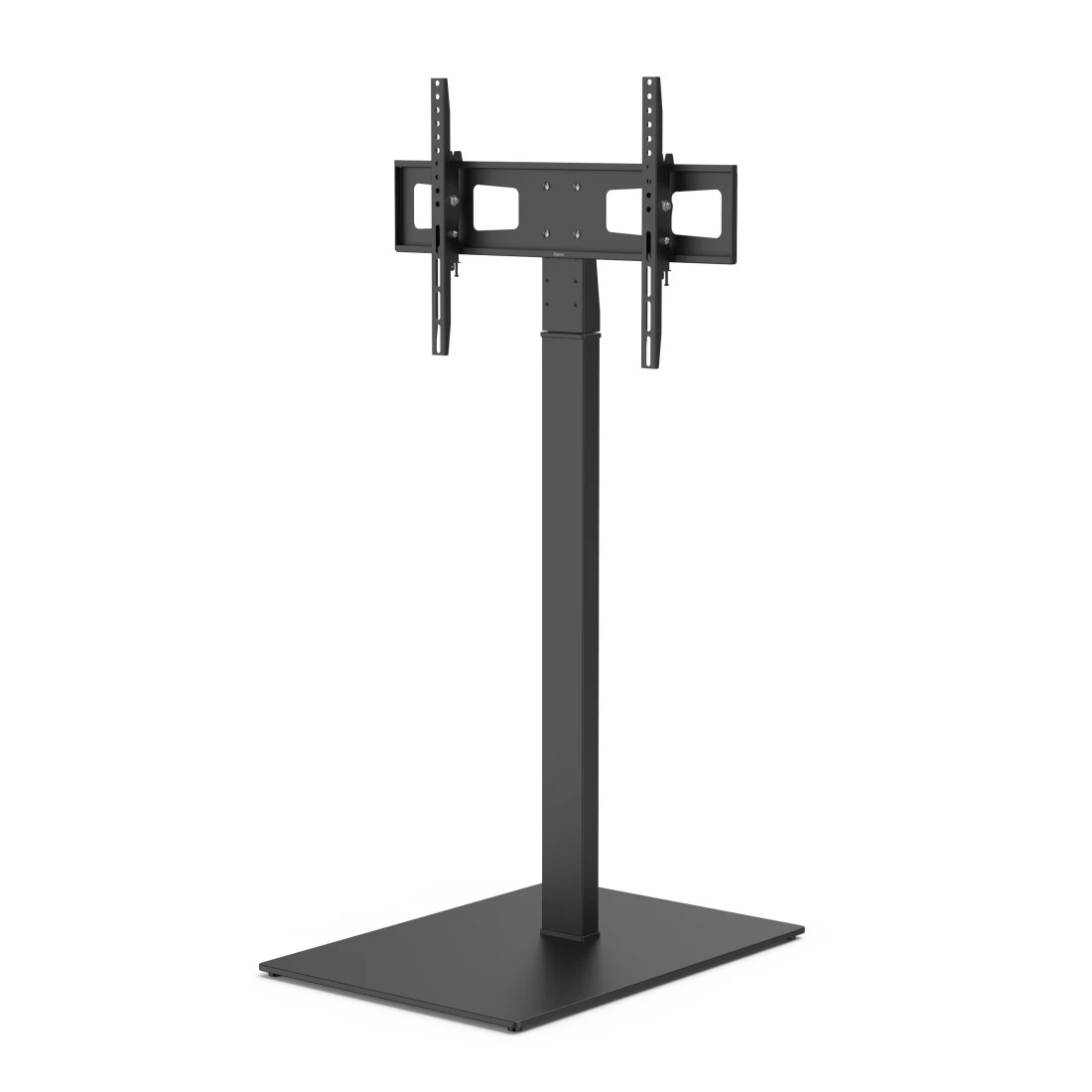 Support TV noir autoportant avec poteau réglable et fixation VESA.