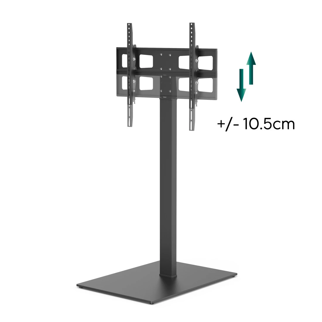Un pied TV sombre avec support et flèches de réglage de hauteur.