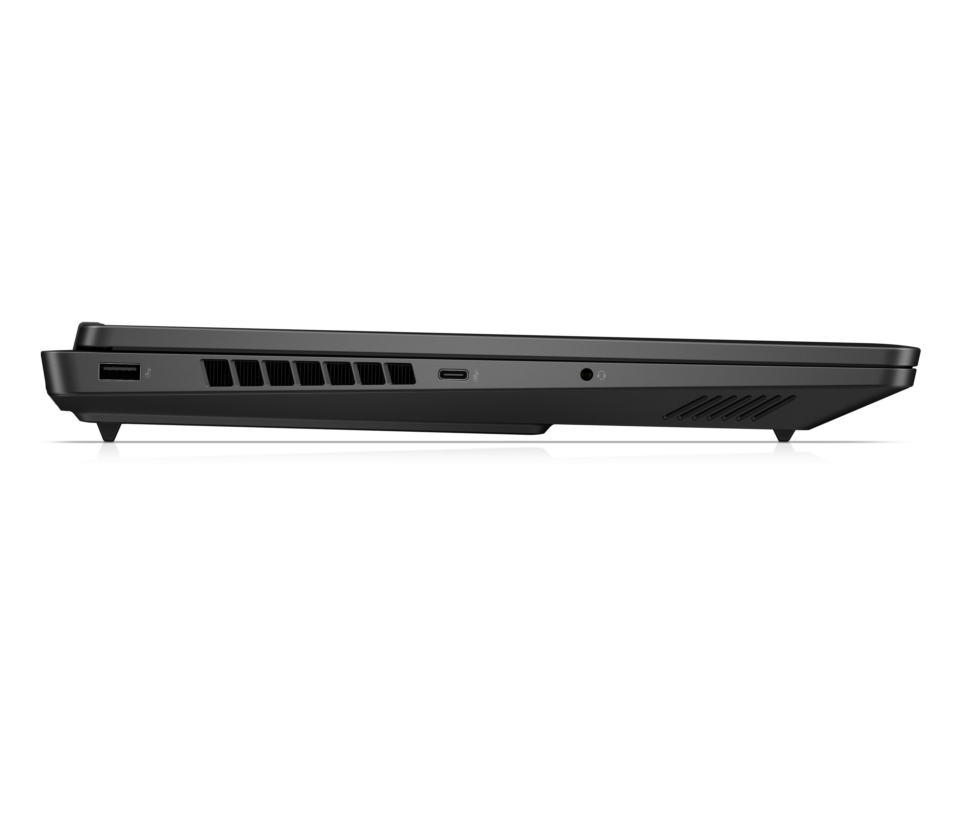 Grauer Laptop-Seite mit USB, Lüftungsschlitzen, USB-C und Kopfhöreranschluss.