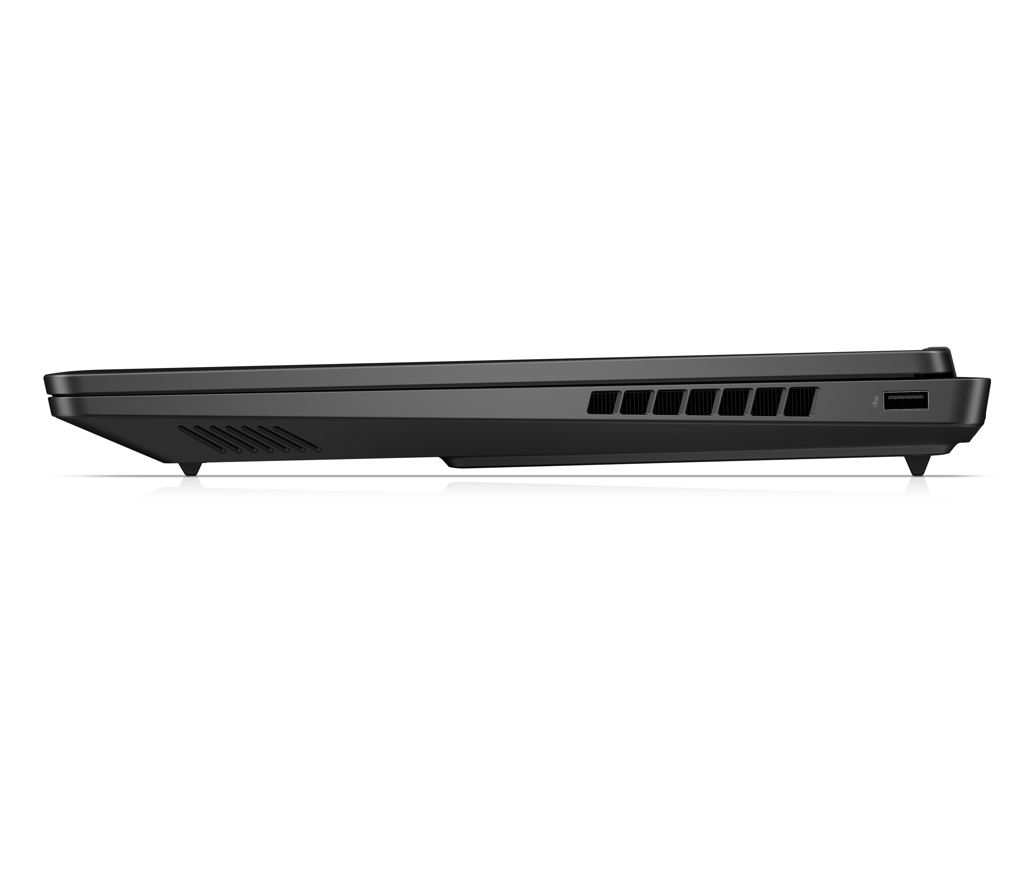 Die Seitenansicht eines schwarzen Laptops mit Lüftungsschlitzen und einem USB-Anschluss.