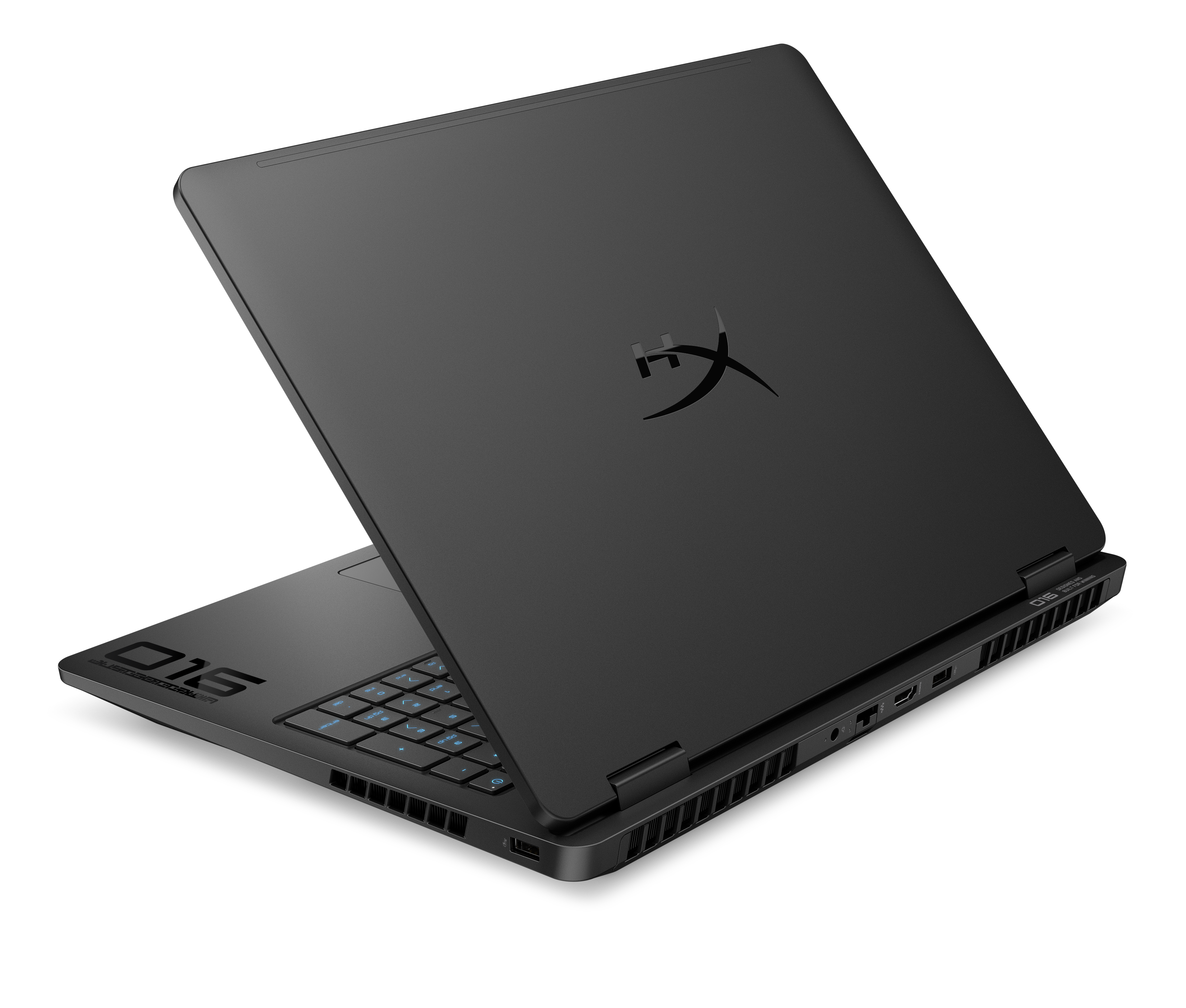 Schwarzer Laptop mit beleuchteter blauer Tastatur und Logo auf dem Deckel.