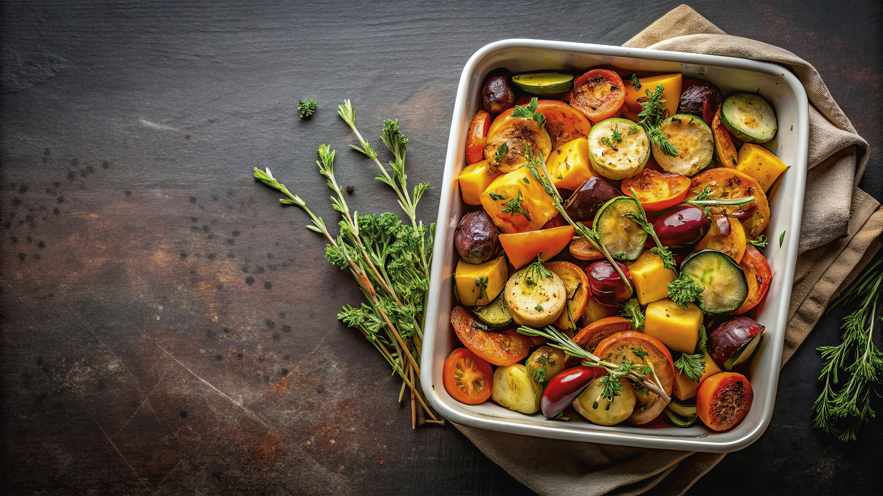 Ein Auflauf mit gebratenem Gemüse wie Tomaten, Zucchini, Kürbis und Zwiebeln.