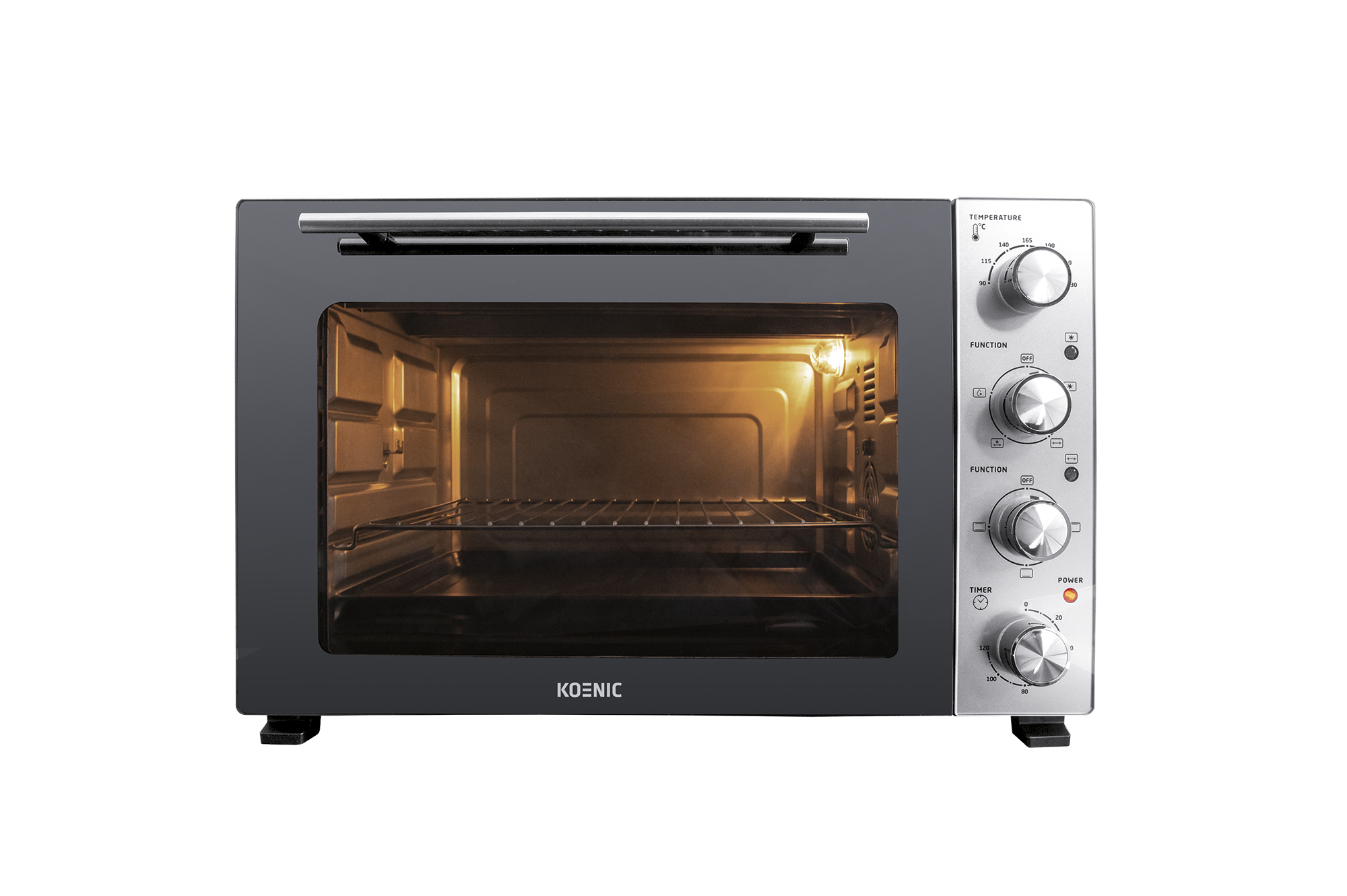 Ein Koenic-Minibackofen mit silbernen Bedienelementen und beleuchtetem Innenraum.