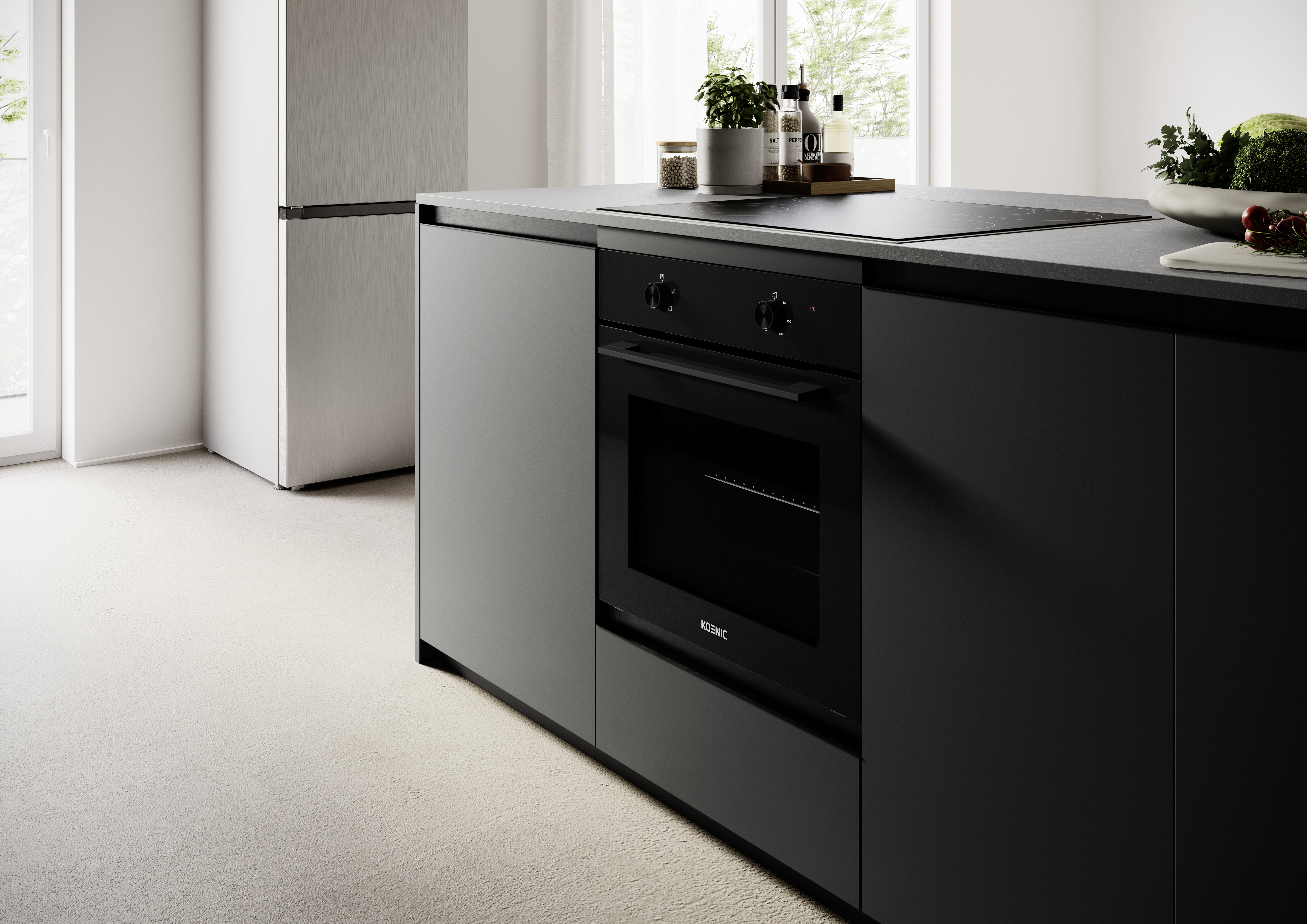 Moderne Küche mit schwarzem Ofen, Induktionskochfeld und Kühlschrank.