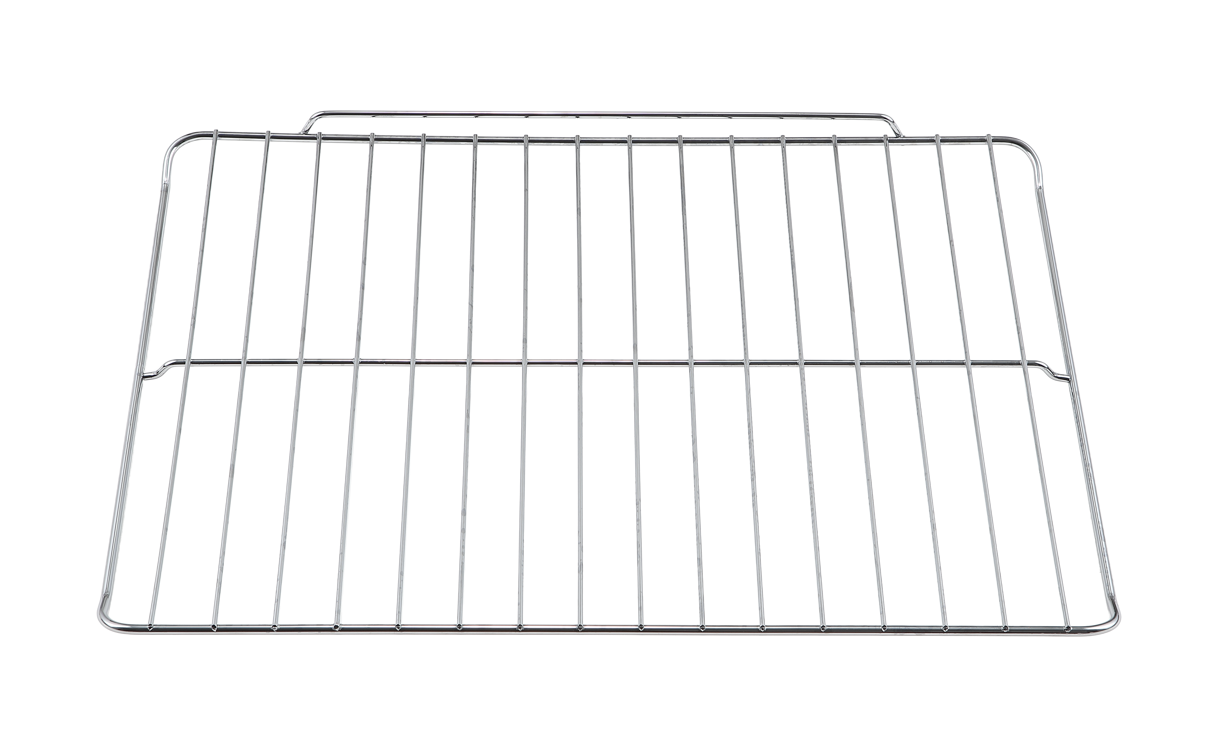 Ein glänzendes, rechteckiges Metallgitter mit parallelen Stäben auf schwarzem Hintergrund.