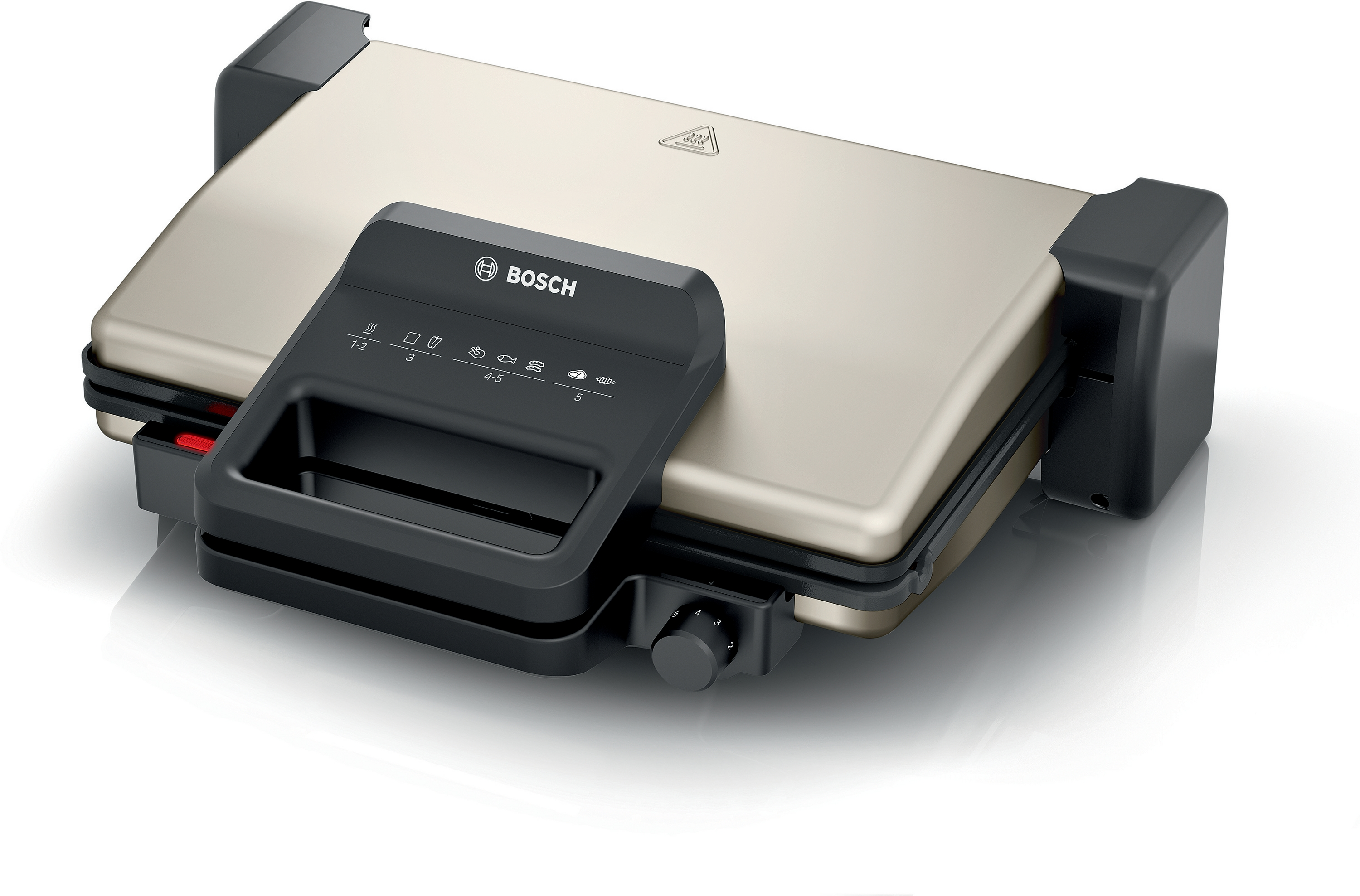 Ein silberner Bosch Kontaktgrill mit schwarzem Griff und Bedienelement.