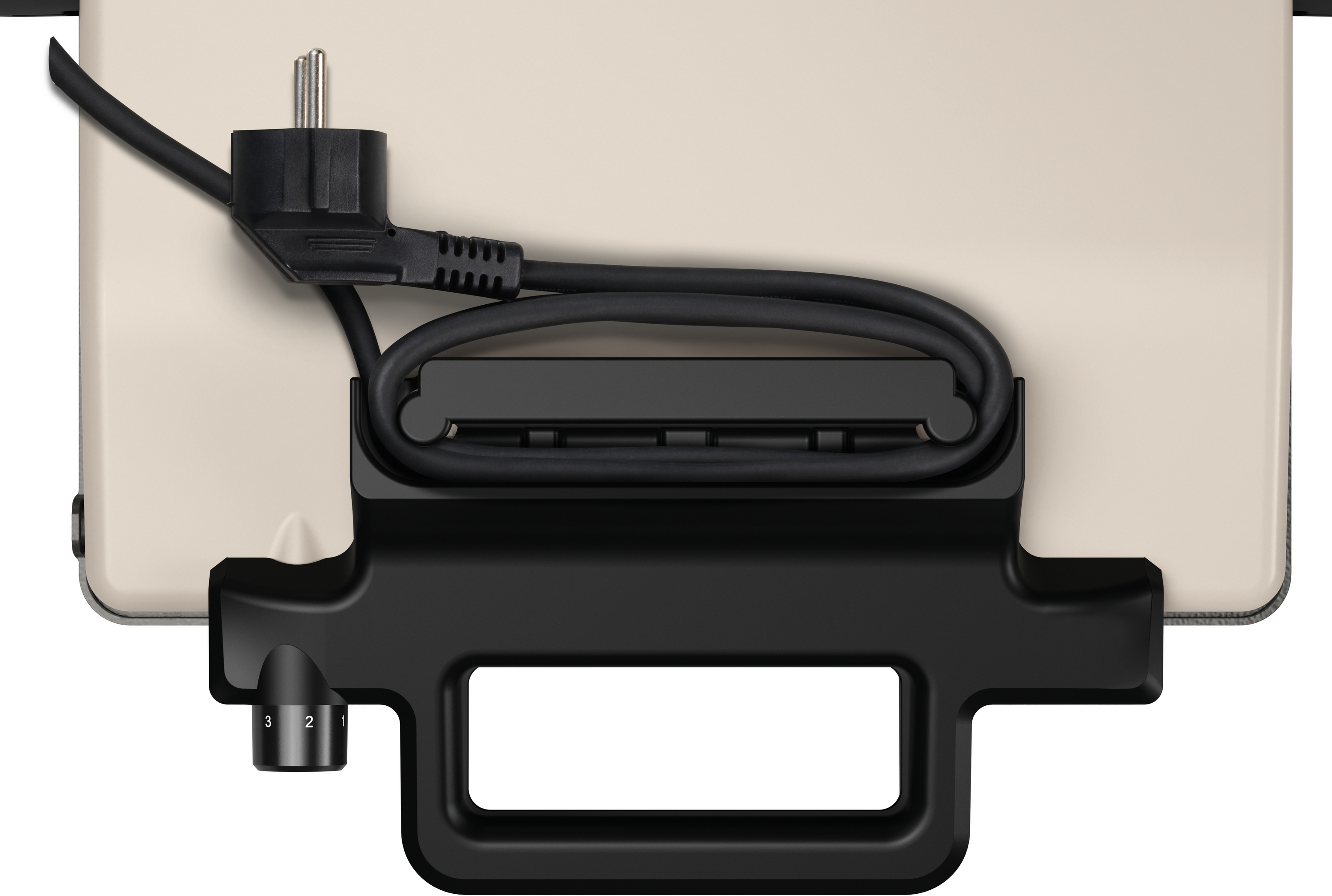 Ein beiger Toaster mit schwarzem Griff und Stecker.
