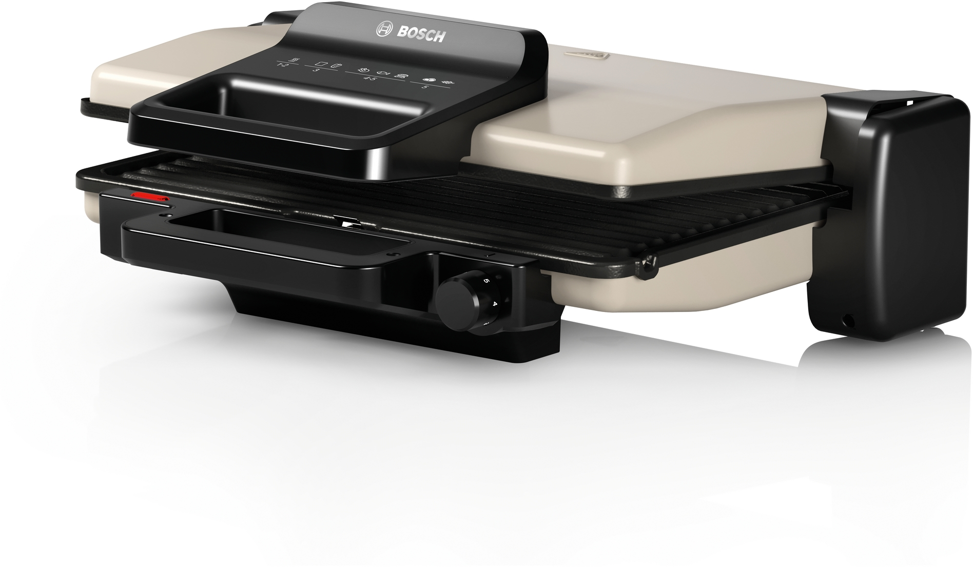 Ein beige und schwarzer Bosch Kontaktgrill mit Bedienelementen und Drehknopf.