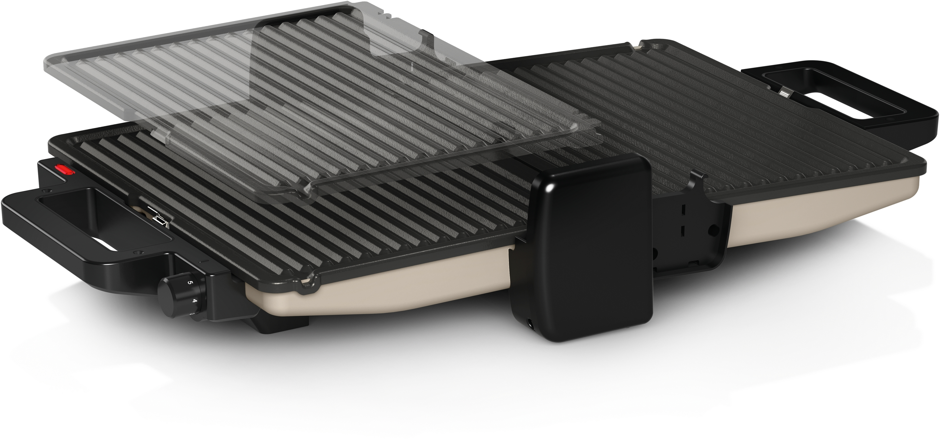 Ein offener Kontaktgrill mit schwarzen und cremefarbenen Gehäuseteilen und geriffelten Grillplatten.