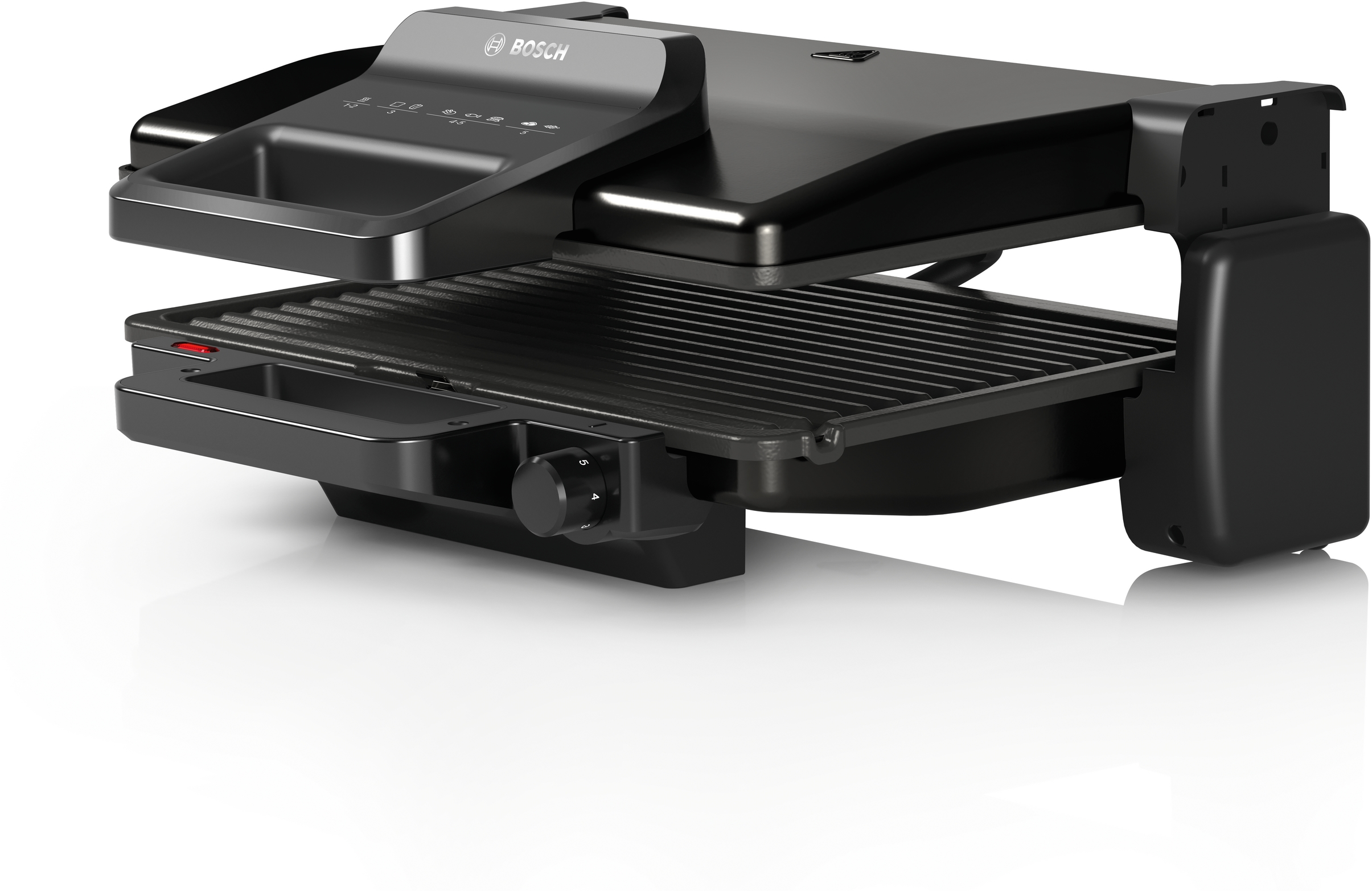 Ein schwarzer Bosch Kontaktgrill mit Grillplatten und Bedienelementen.