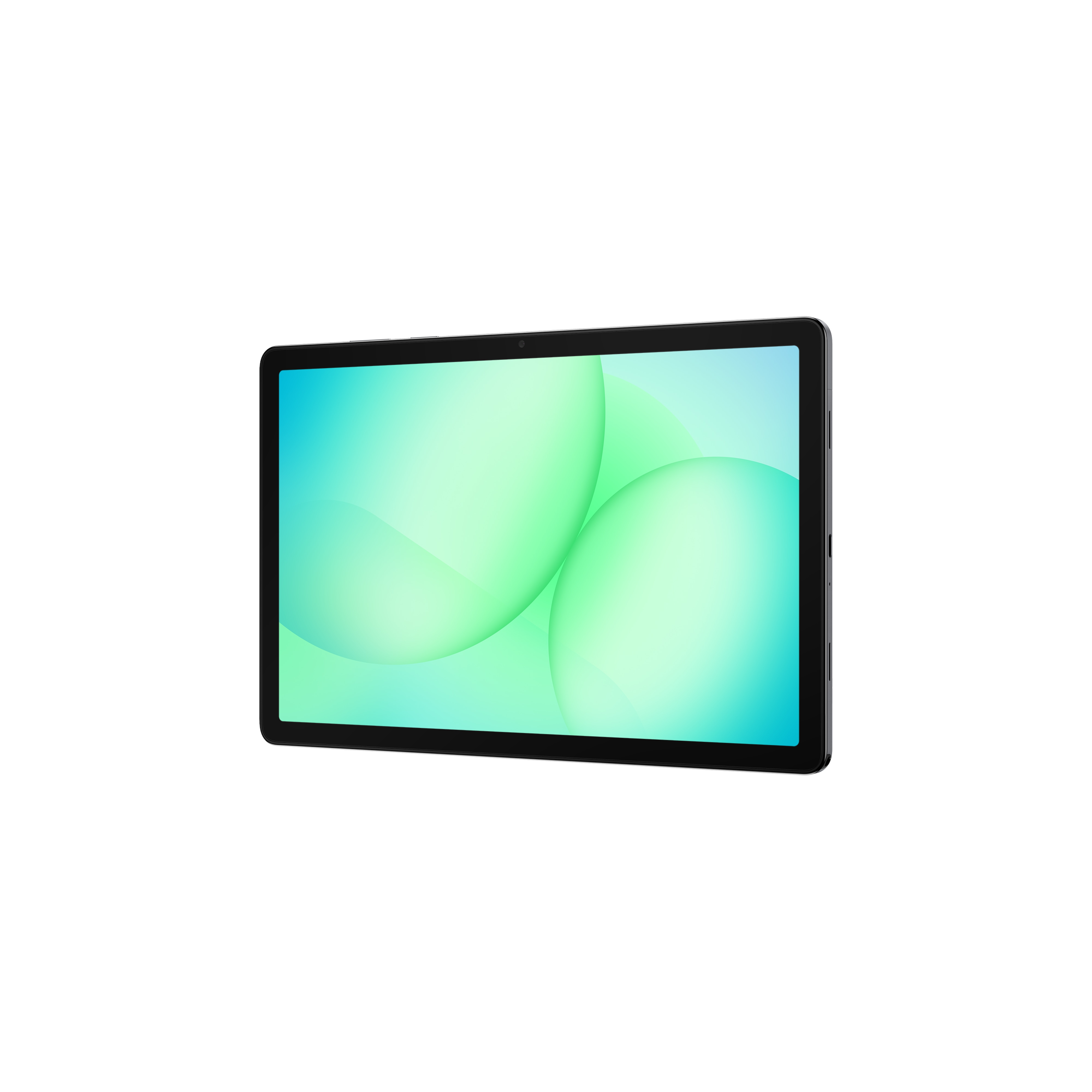 Ein dunkles Tablet mit einem hellgrünen und blauen Hintergrund auf dem Bildschirm.