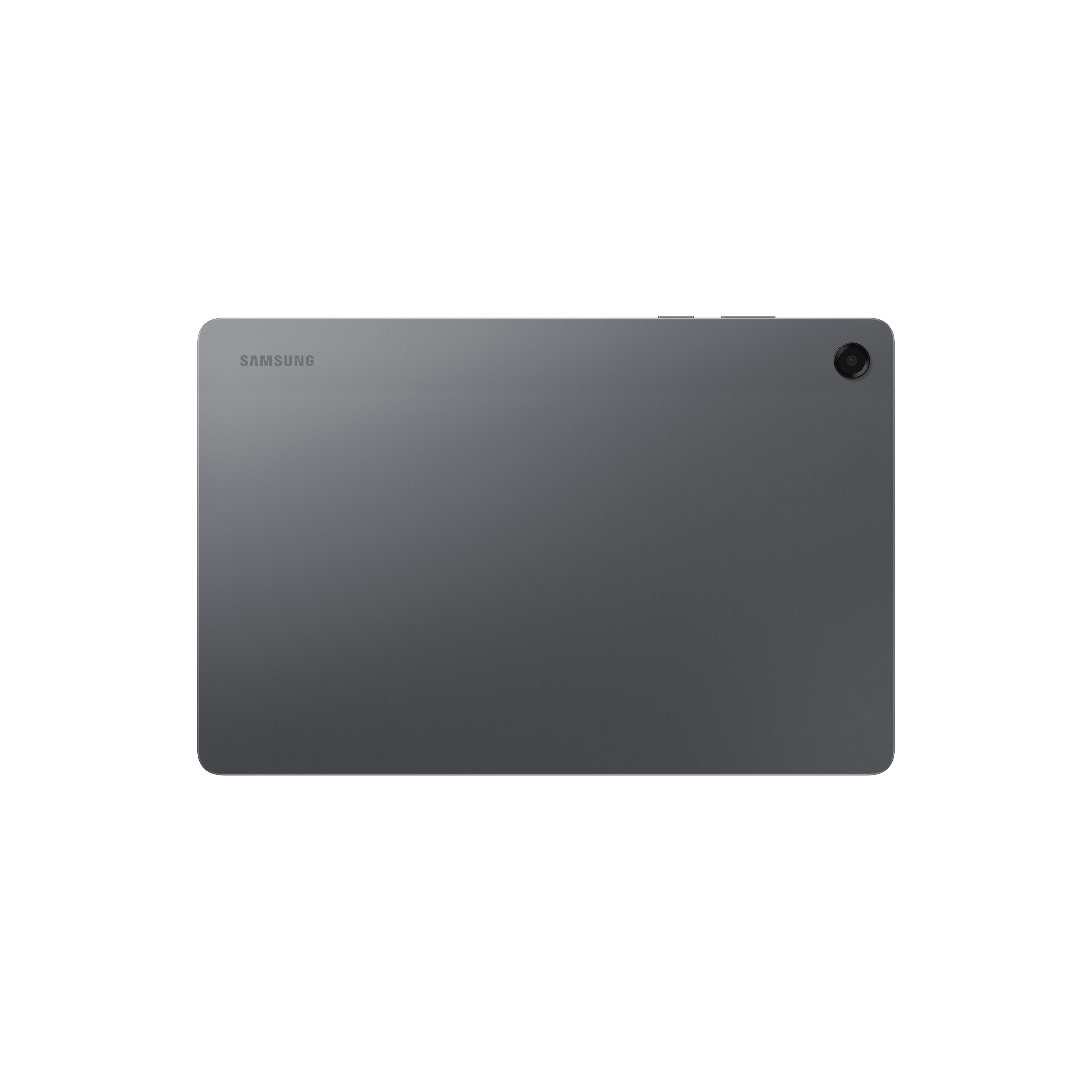Rückseite eines grauen Samsung-Tablets mit Kamera und Logo.