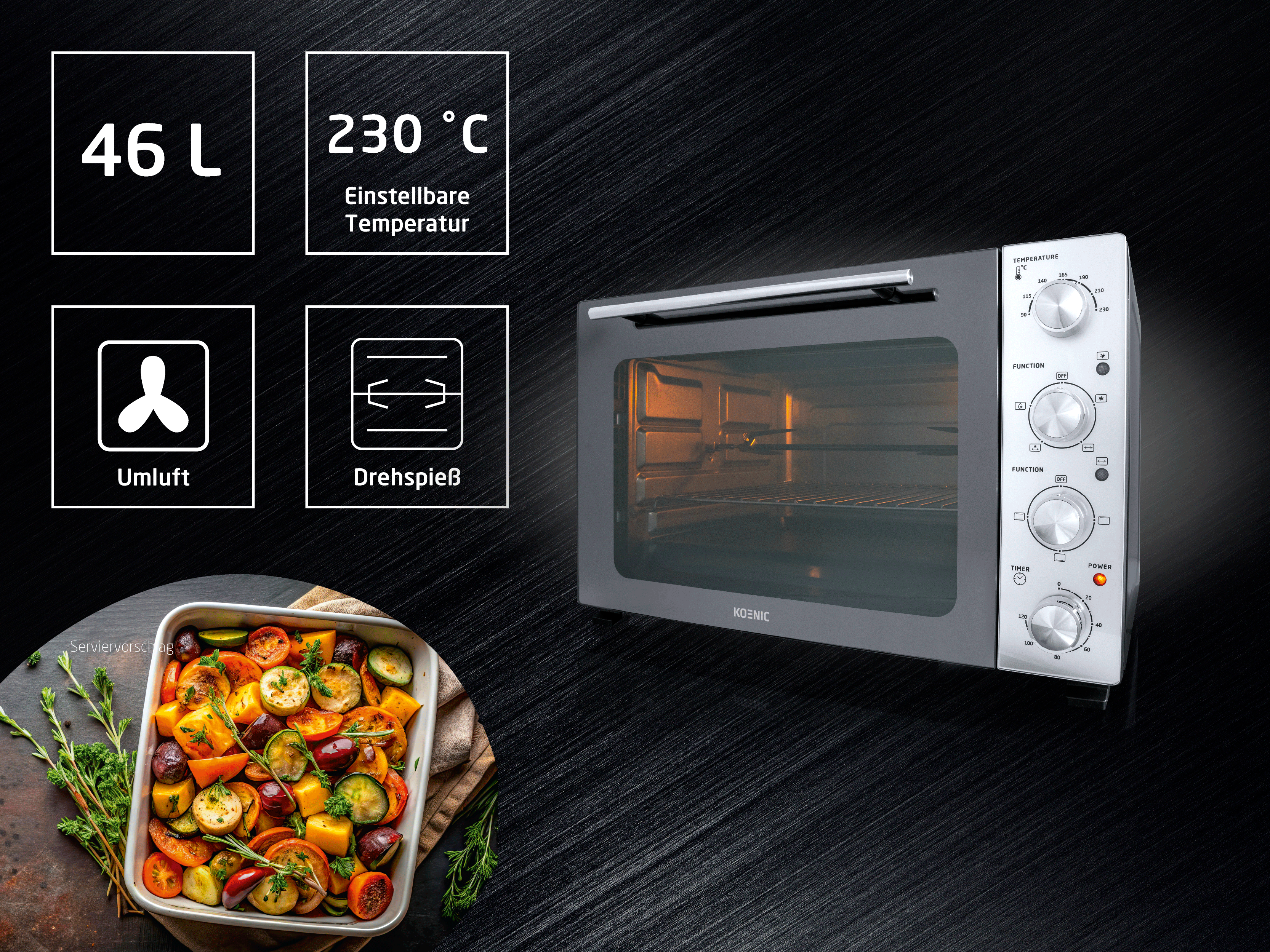 Ein Koenic Ofen mit 46L Kapazität, 230°C, Umluft und Drehspieß. Daneben eine Auflaufform mit Gemüse.