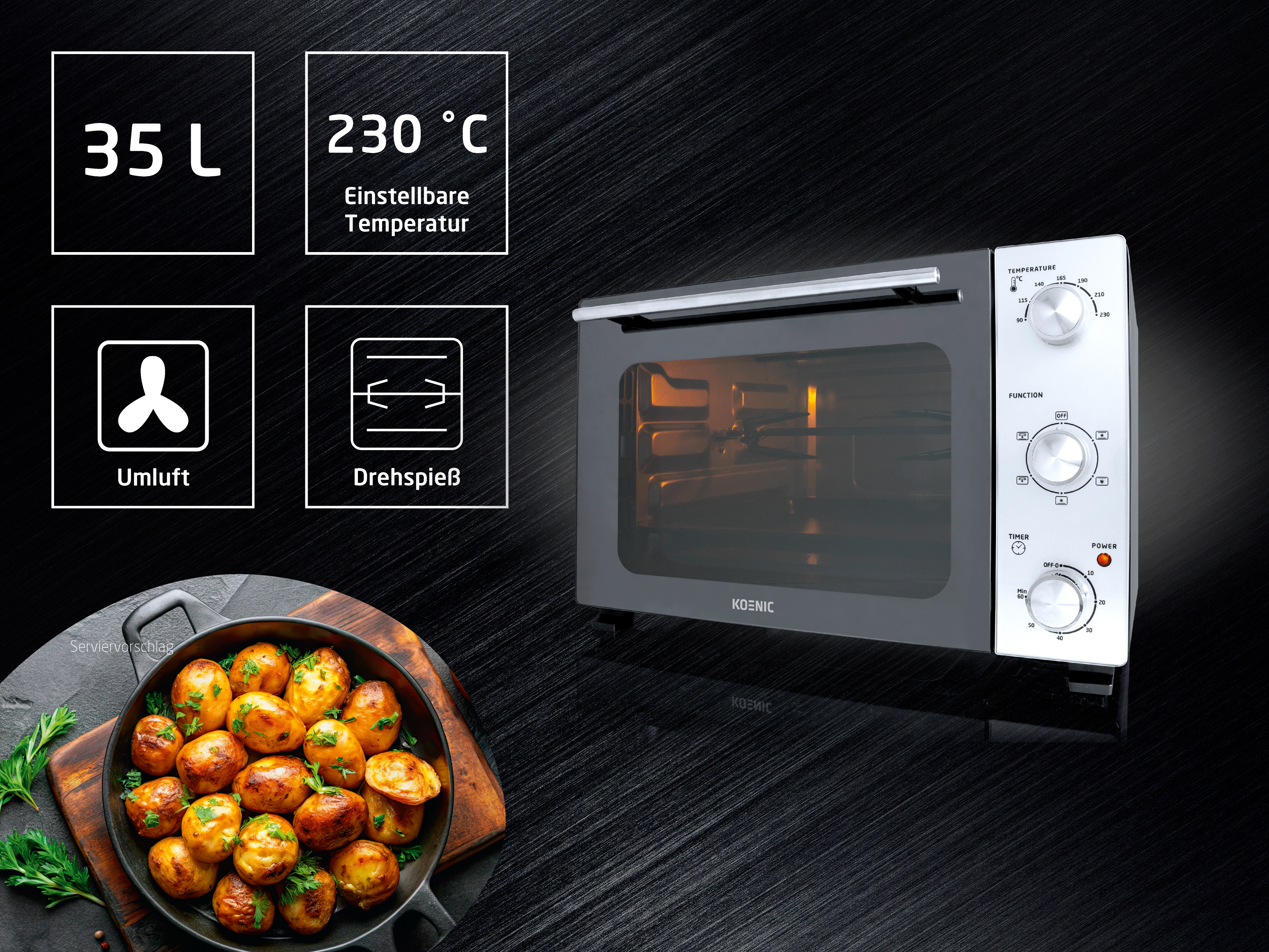 Ein Koenic Ofen mit 35L, 230°C, Umluft und Drehspieß, daneben servierfertige Kartoffeln.