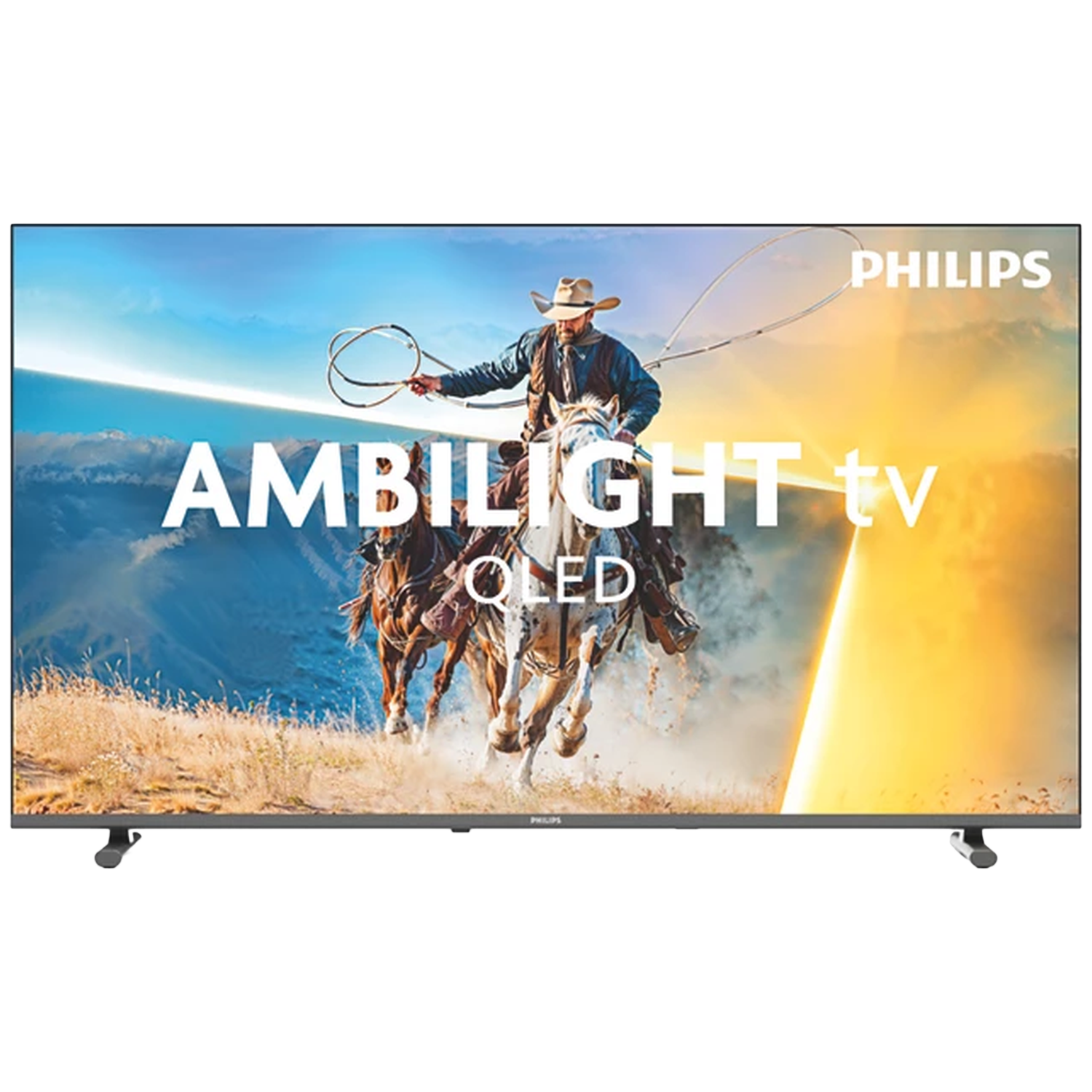 Philips TV displays a cowboy on horseback with a lasso, on a golden, bright background.