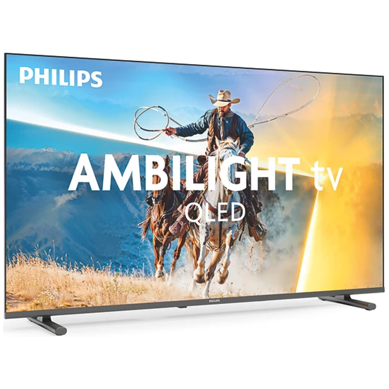 A Philips Ambilight TV showing a cowboy on horses. QLED.
