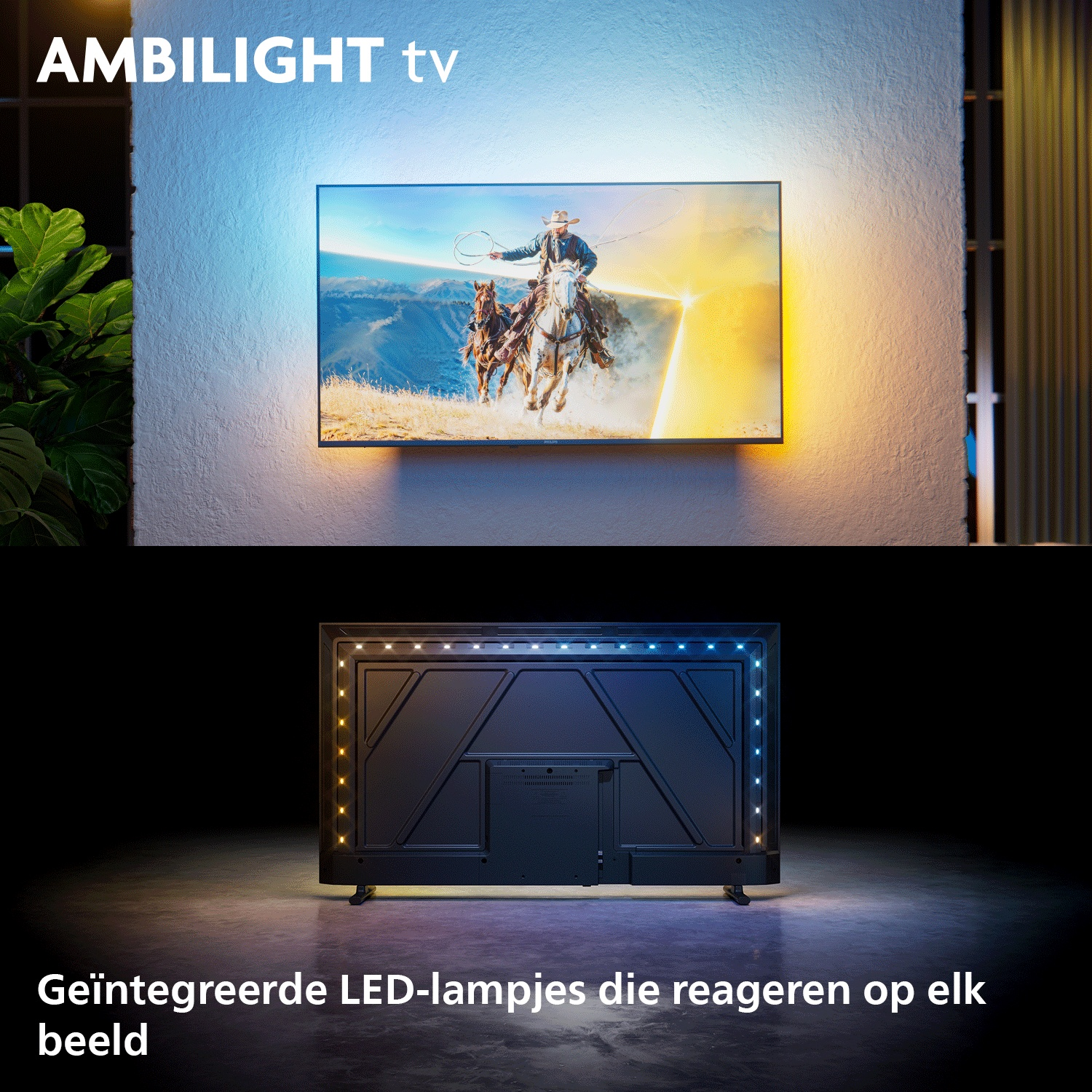 A TV with Ambilight technology shows cowboys on horses. Backside with LEDs.