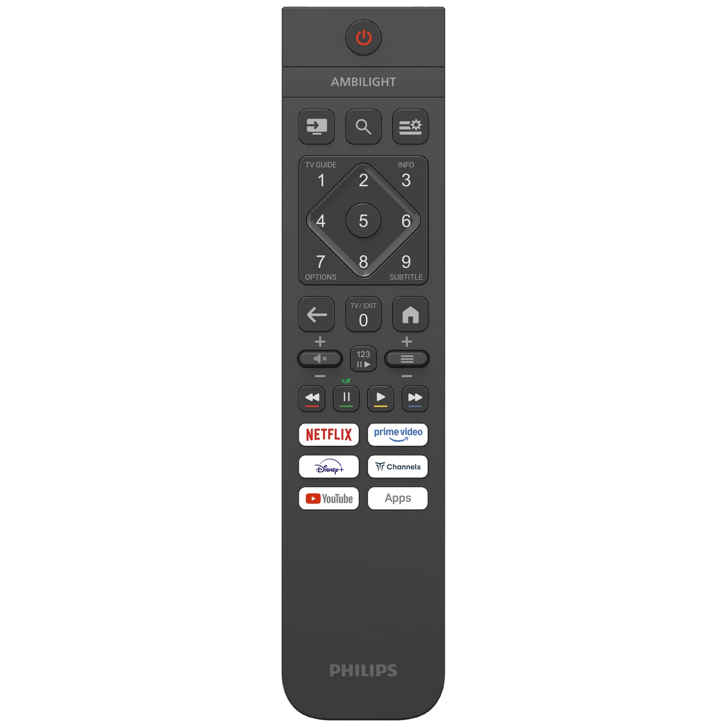 A dark remote control with number buttons, navigation, and app shortcuts.