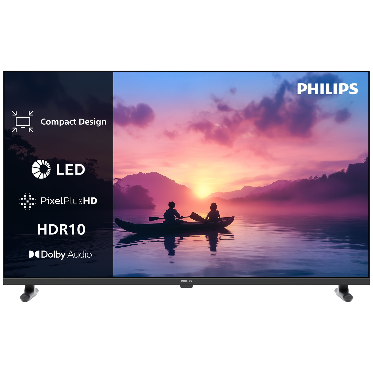 Een Philips TV met LED, HDR10 en Dolby Audio functies.