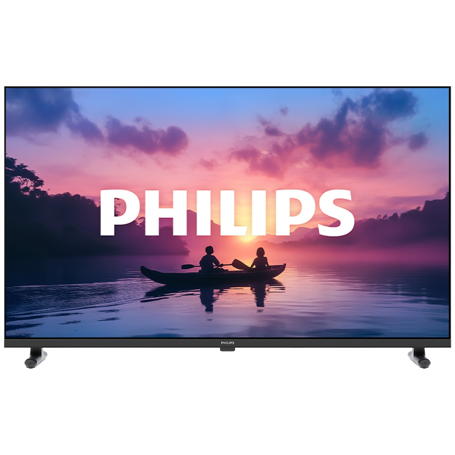 Een Philips TV toont twee mensen in een kajak bij zonsondergang met het Philips logo.