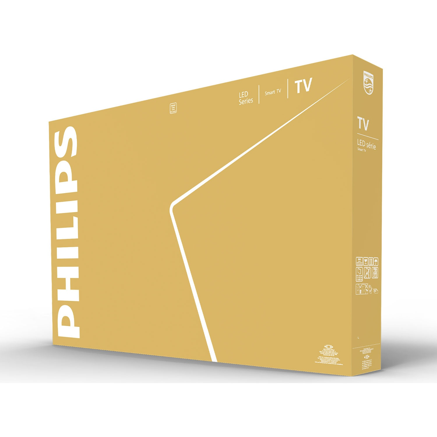 Een gouden Philips TV-doos met witte tekst en afbeeldingen.