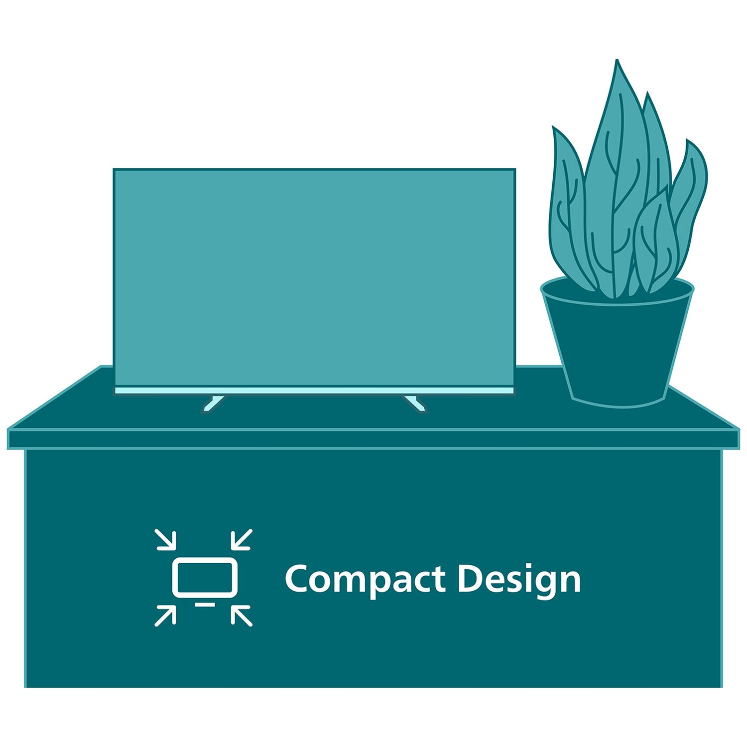 Een televisie staat op een tafel met een plant in pot ernaast. Onderaan staat 'Compact Design'.