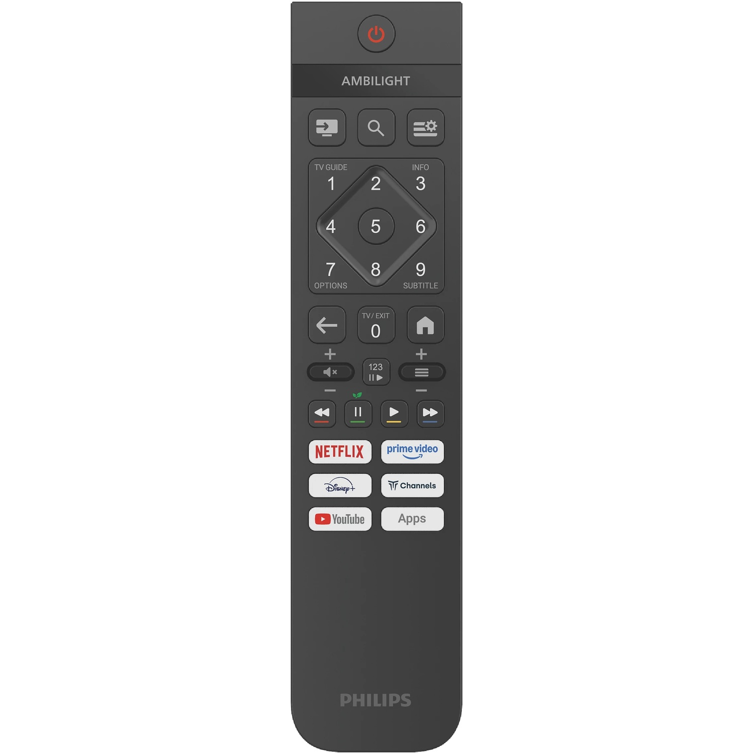Een donkere afstandsbediening met knoppen voor Netflix, Prime Video, Disney+ en YouTube.