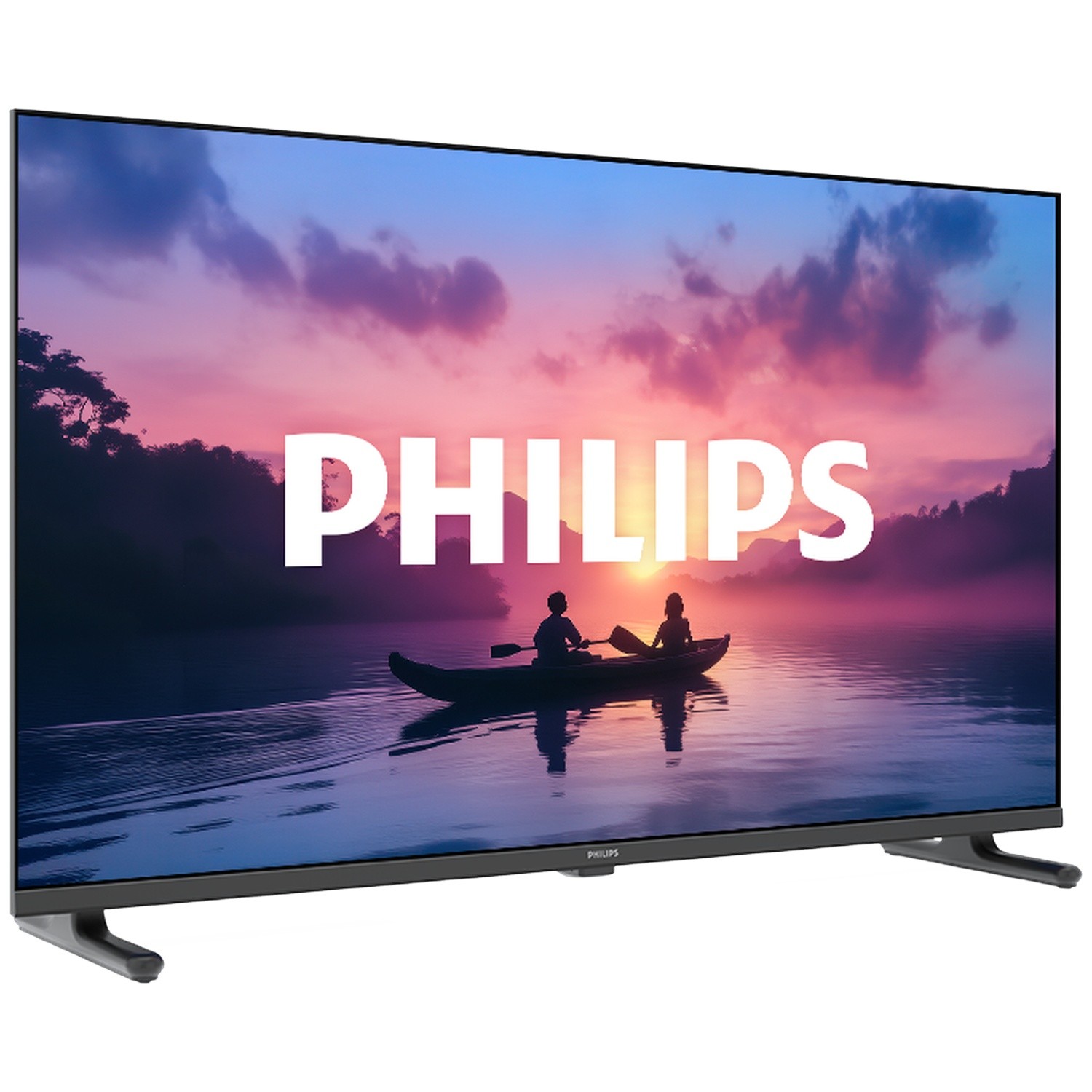A television displaying a sunset scene with two people in a boat.
