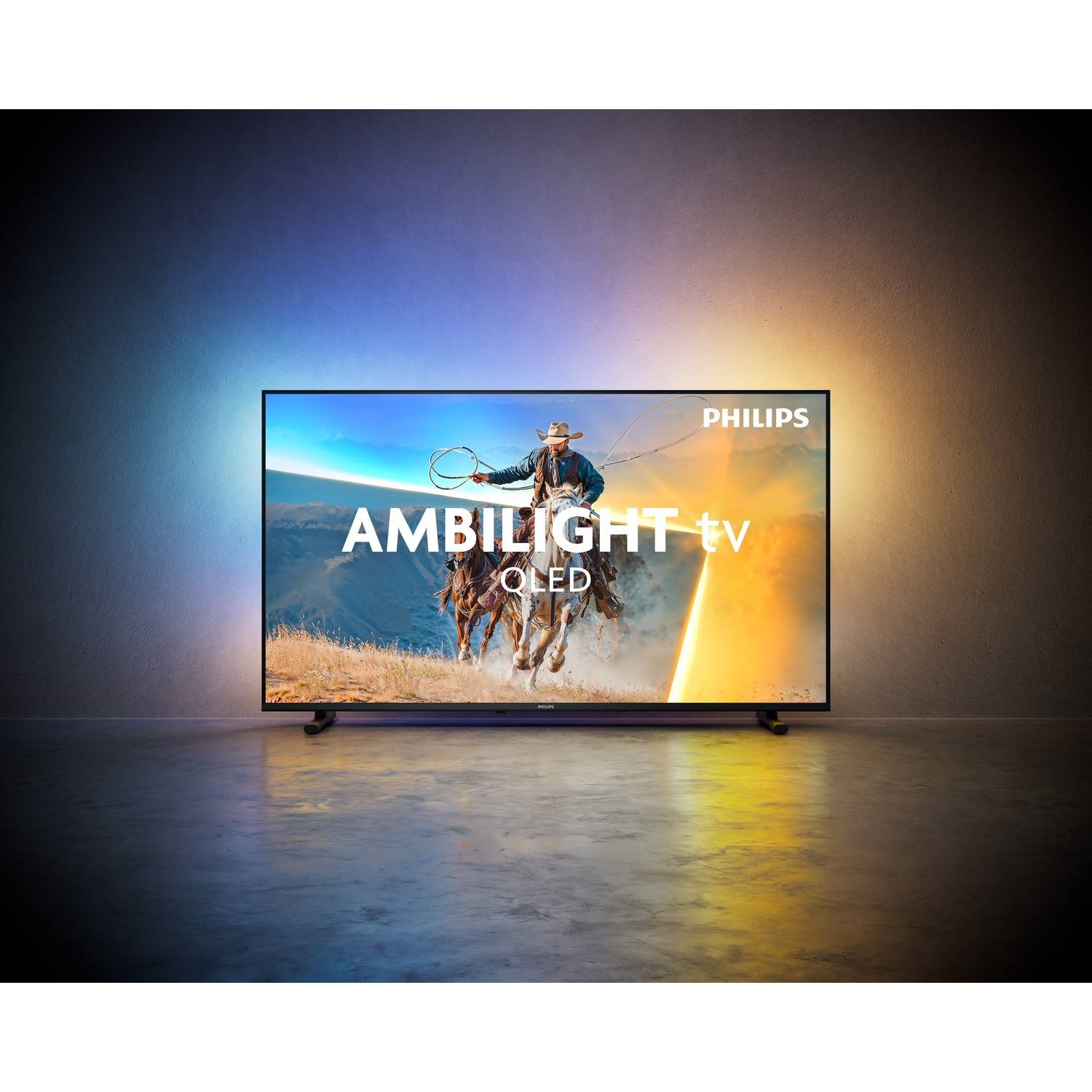 A Philips Ambilight TV showing a cowboy on a horse on screen.