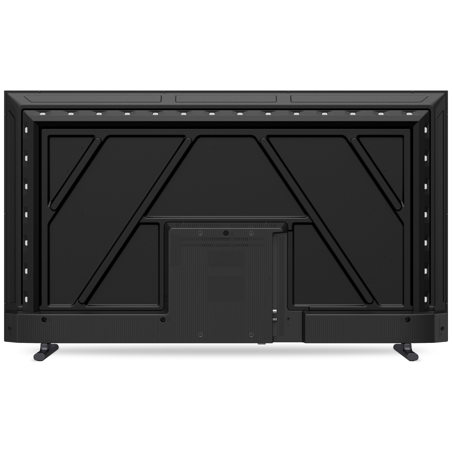 Back view of a black flat-screen TV on a white background with two black stands.