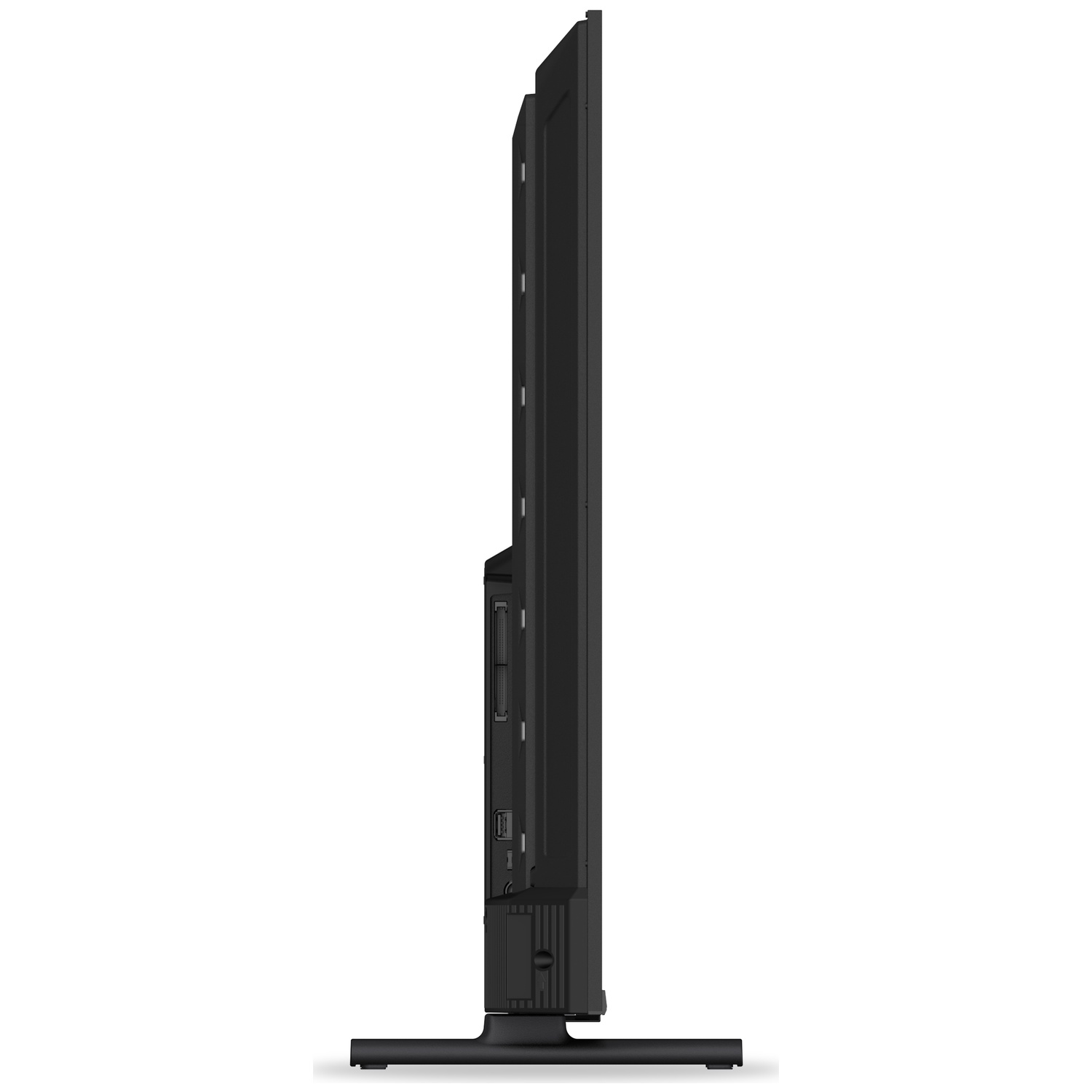 Black television on a stand, viewed from the side, showing ports.